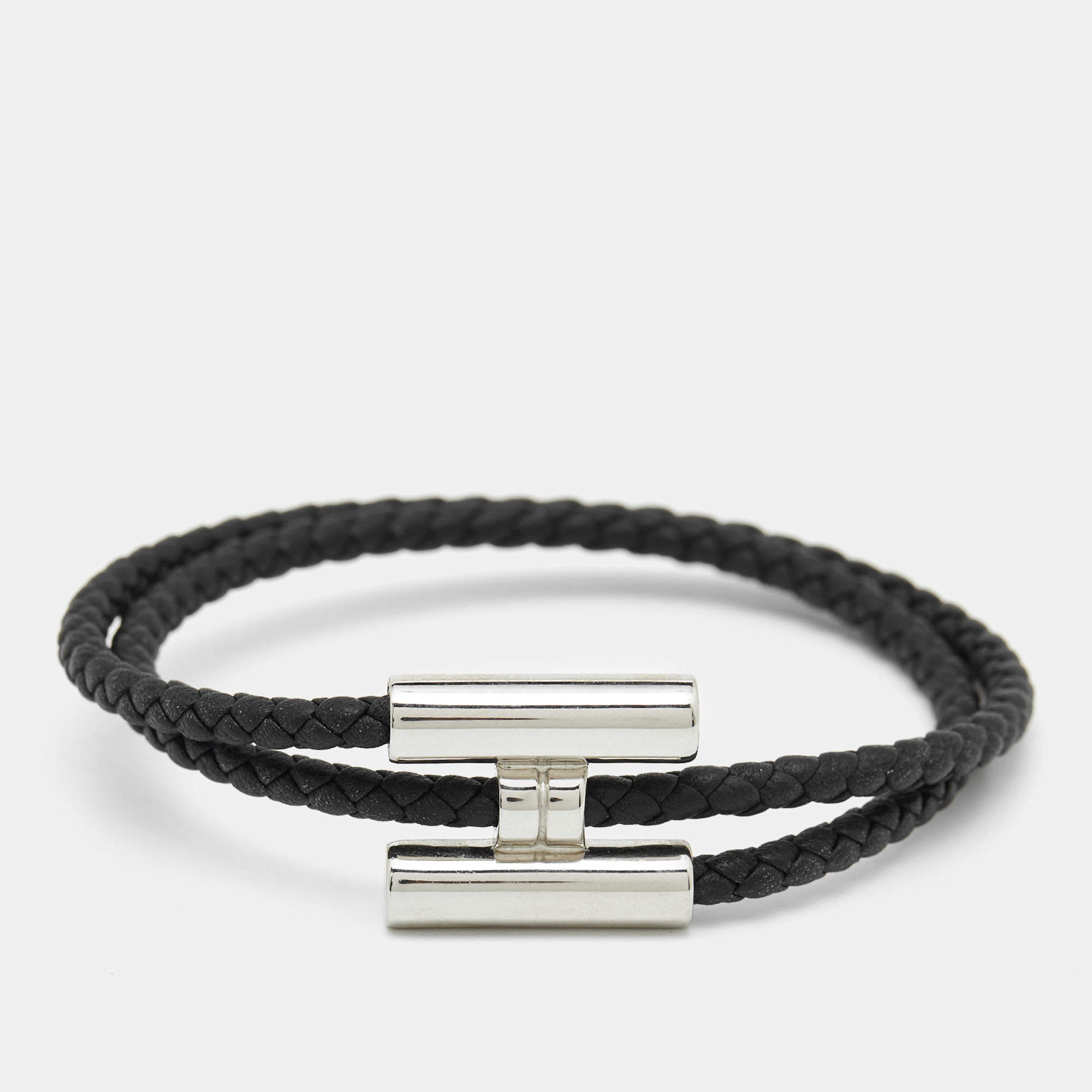 Pre Owned Hermes Turnis Braid Leather Black Silver Tone Bracelet