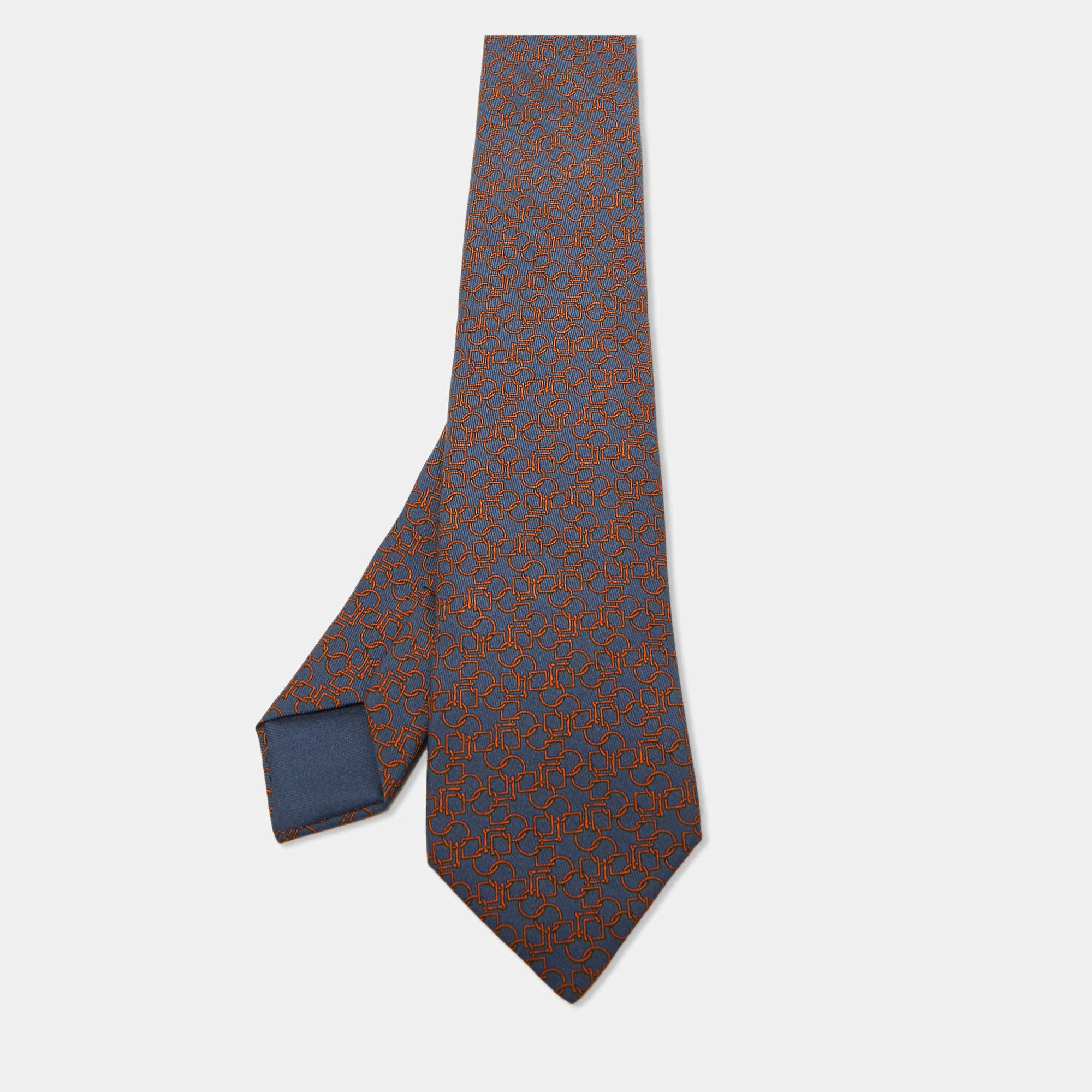 Pre Owned Hermès Grey Geometric Print Silk Narrow Tie