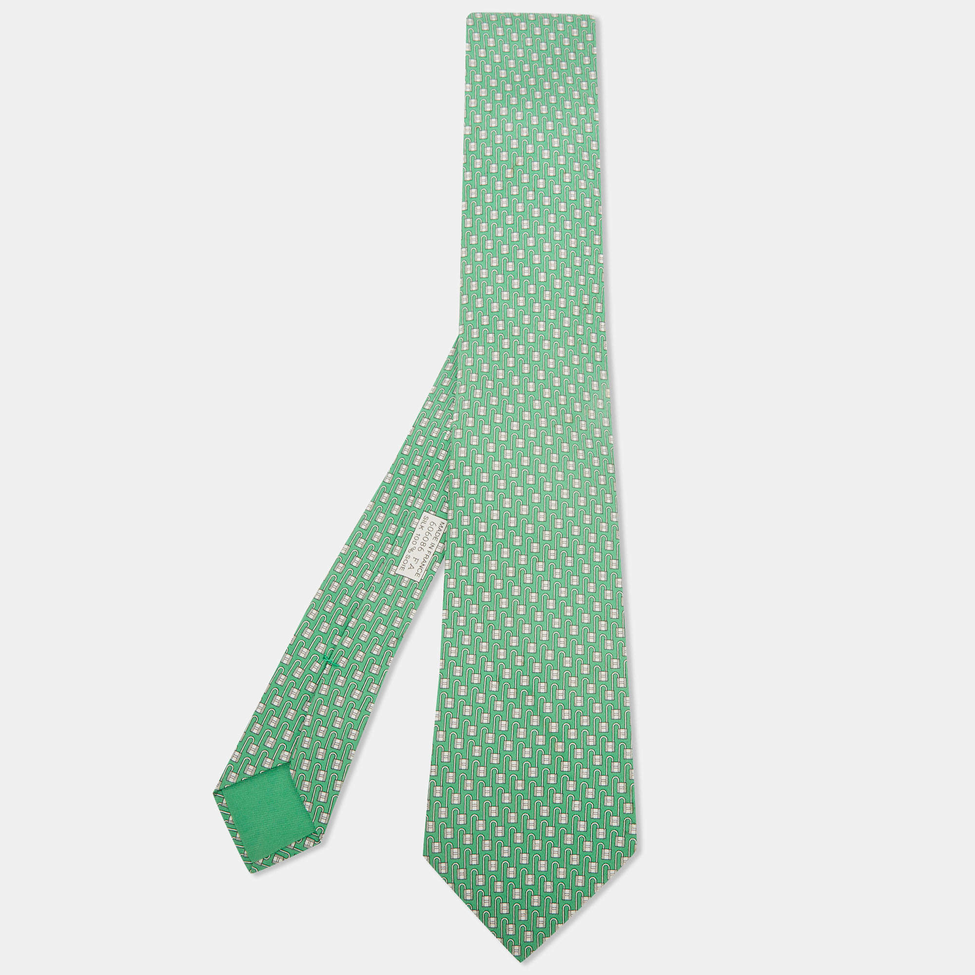 Hermes Green Geometric Print Silk Tie