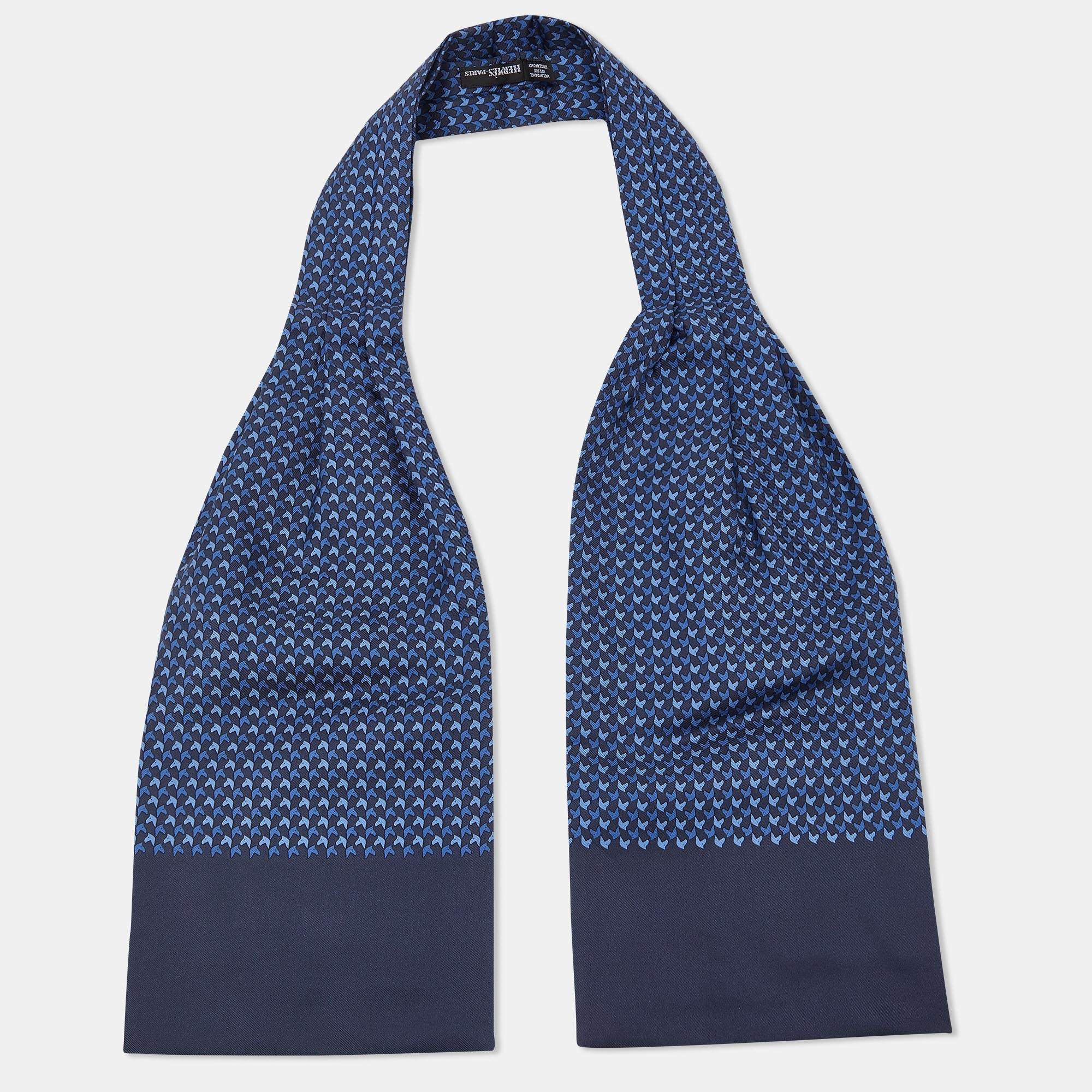 Hermes Navy Blue Horse Print Silk Ascot Tie Scarf