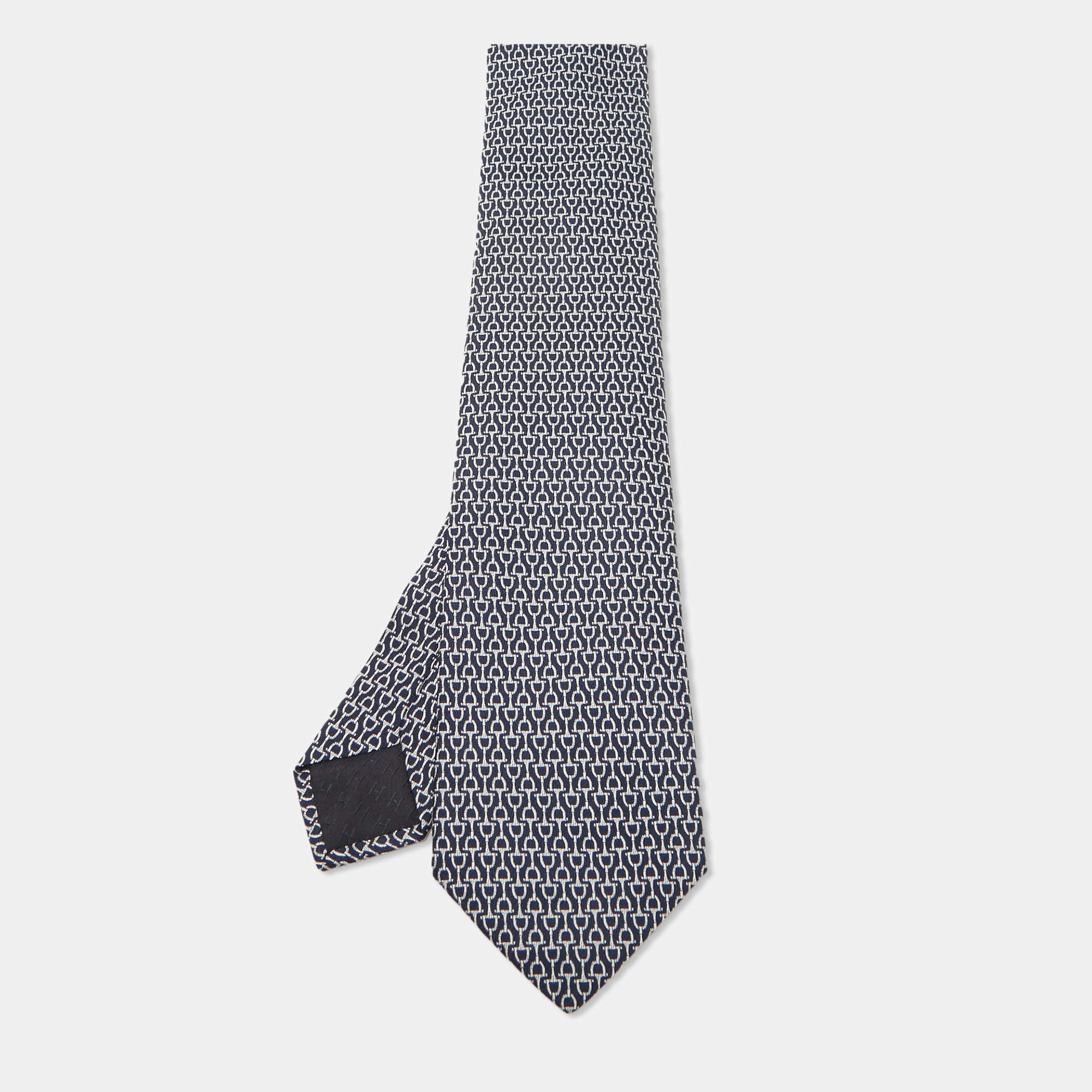 Hermes Navy Blue Horsebit Patterned Silk Tie