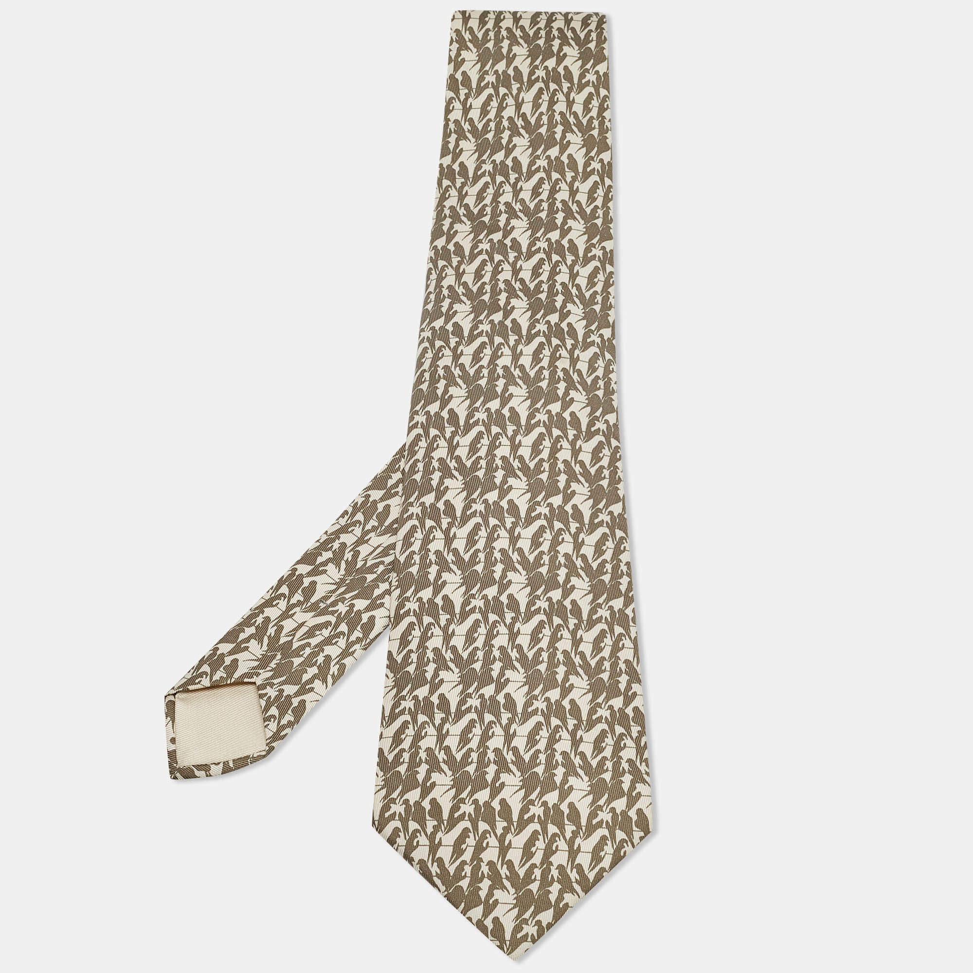 Pre Owned Hermès Green Birds Print Silk Traditional Tie