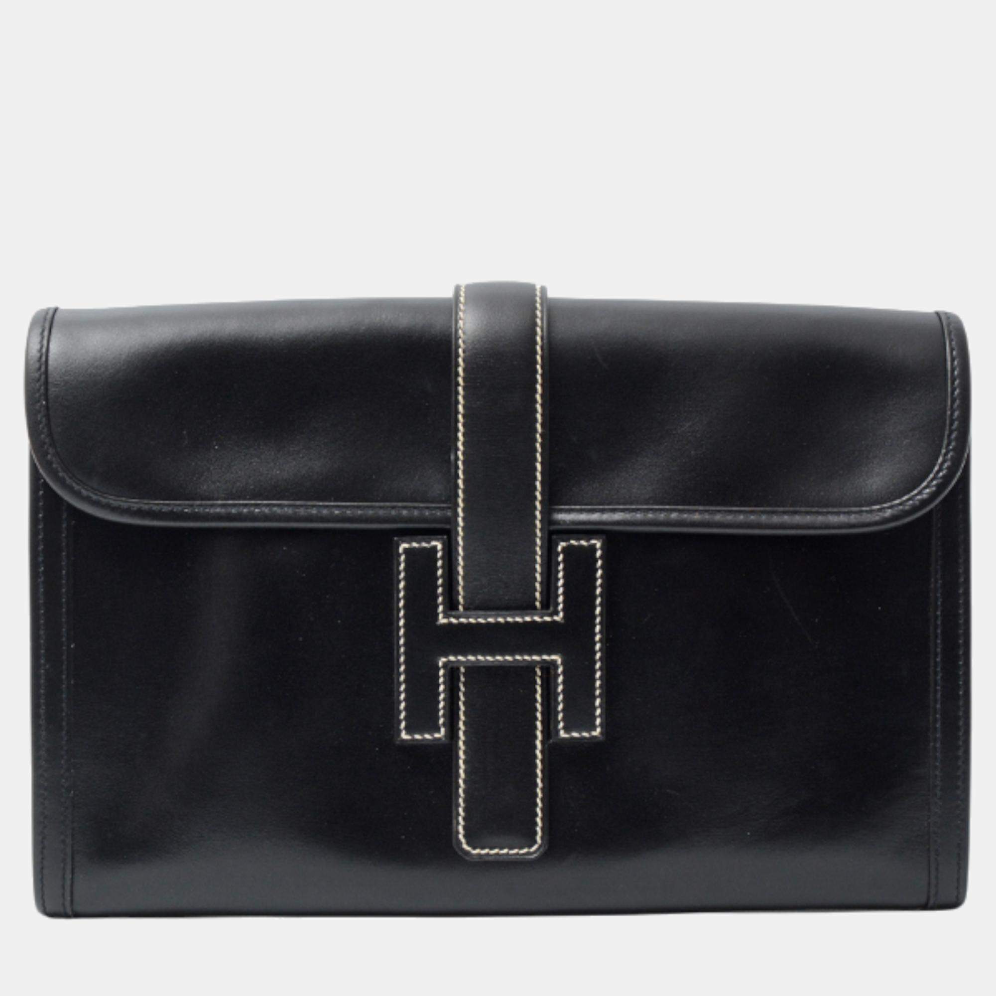 Hermes Black Epsom Jige Elan Clutch Bag 