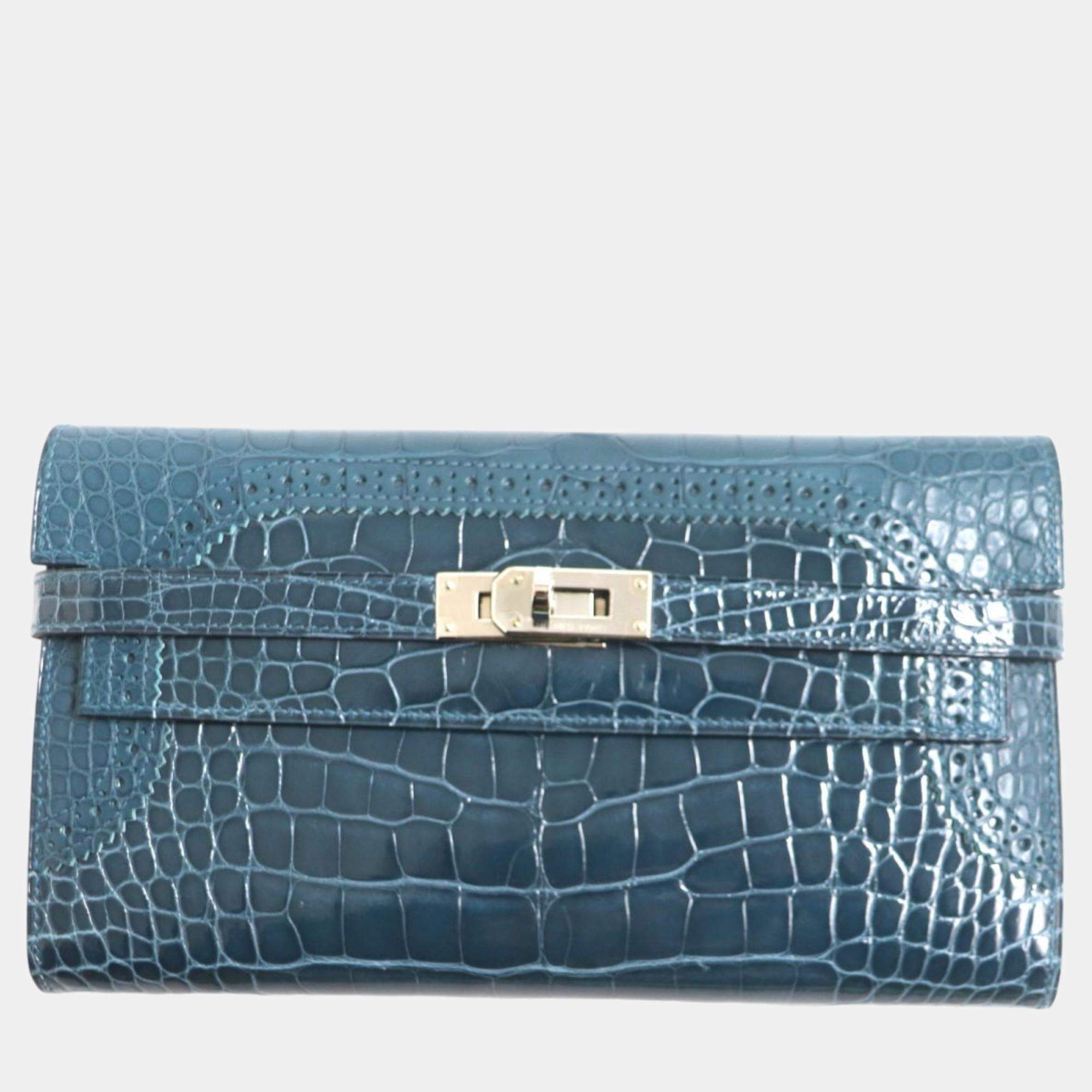 Hermes Kelly Wallet Alligator Crocodile Green Leather