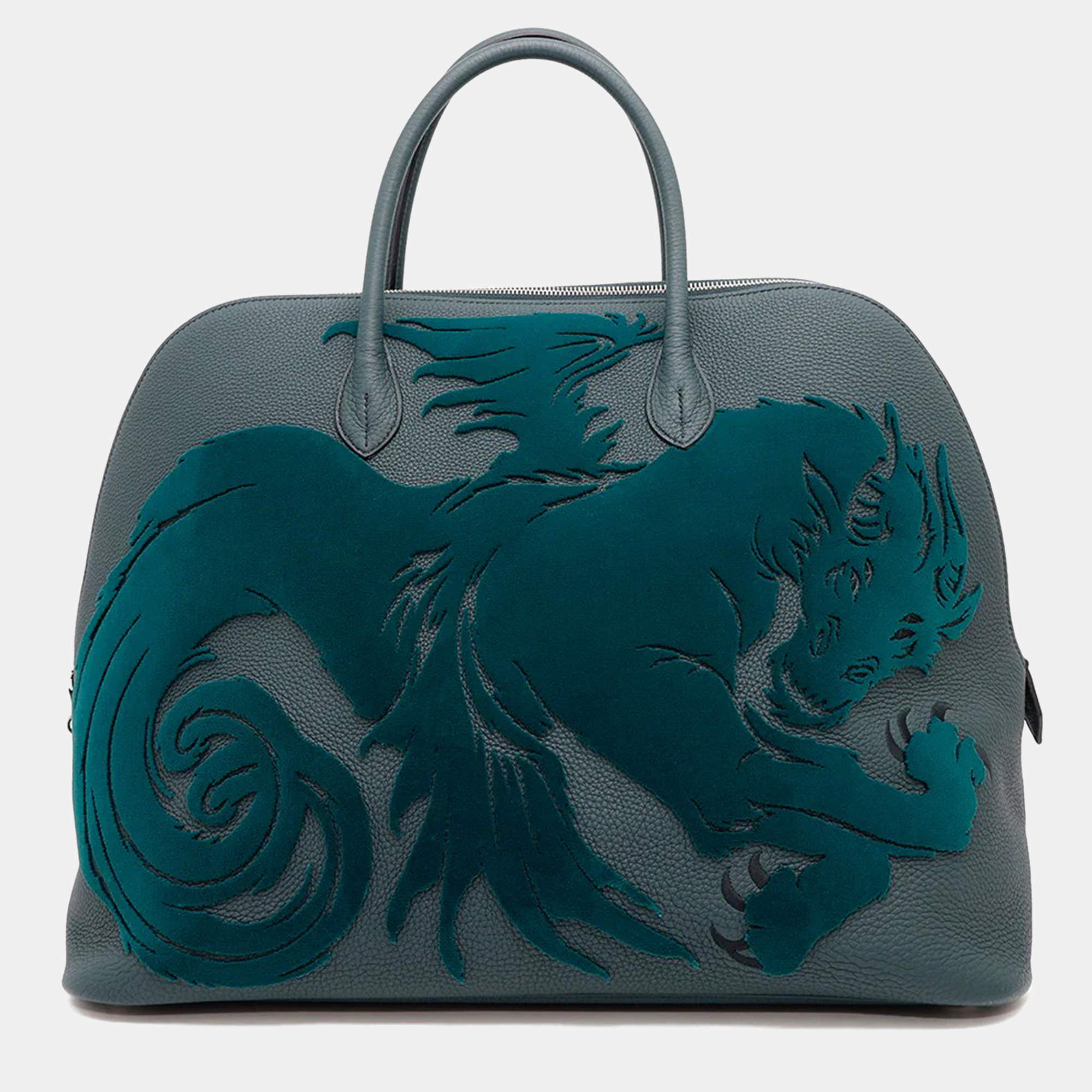 Hermes Bolide 1923 Chimeres Dragon Vert Shipley Togo Leather Velvet Size 45