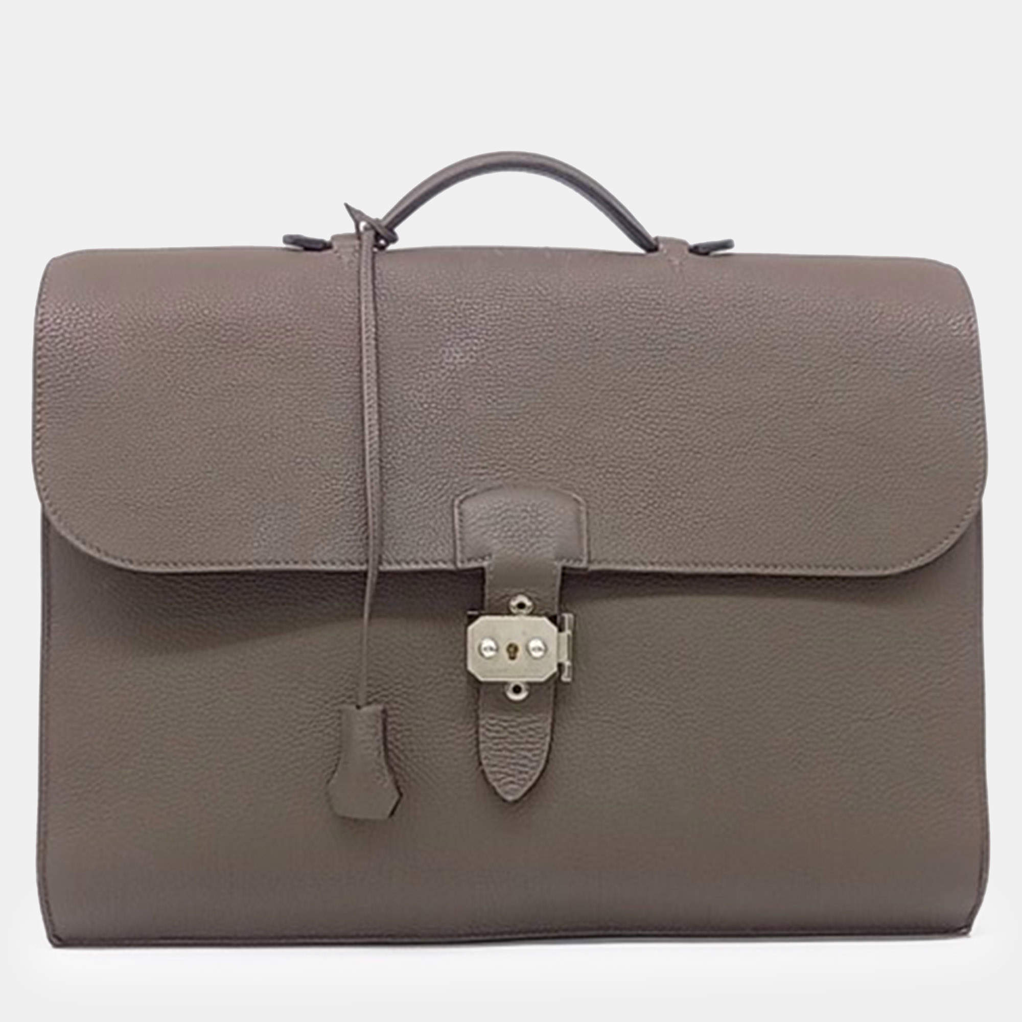Pre Owned Hermes Beige Grey Leather Sac à Dépêche 38 (T)