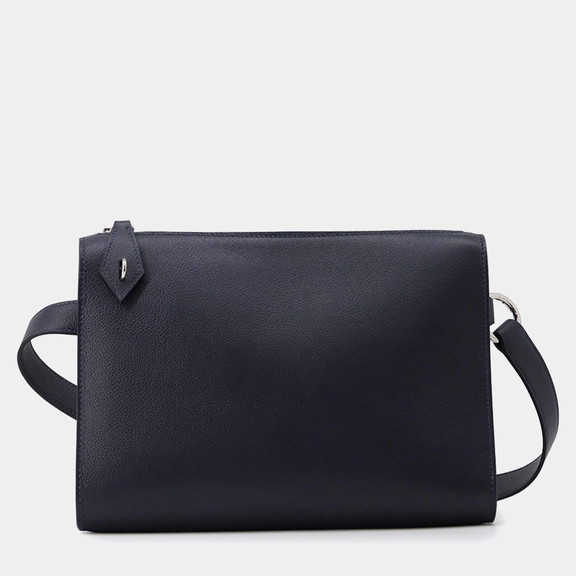 Pre Owned Hermes Bolide Navy Blue Evergrain Calfskin Leather Messenger Bag