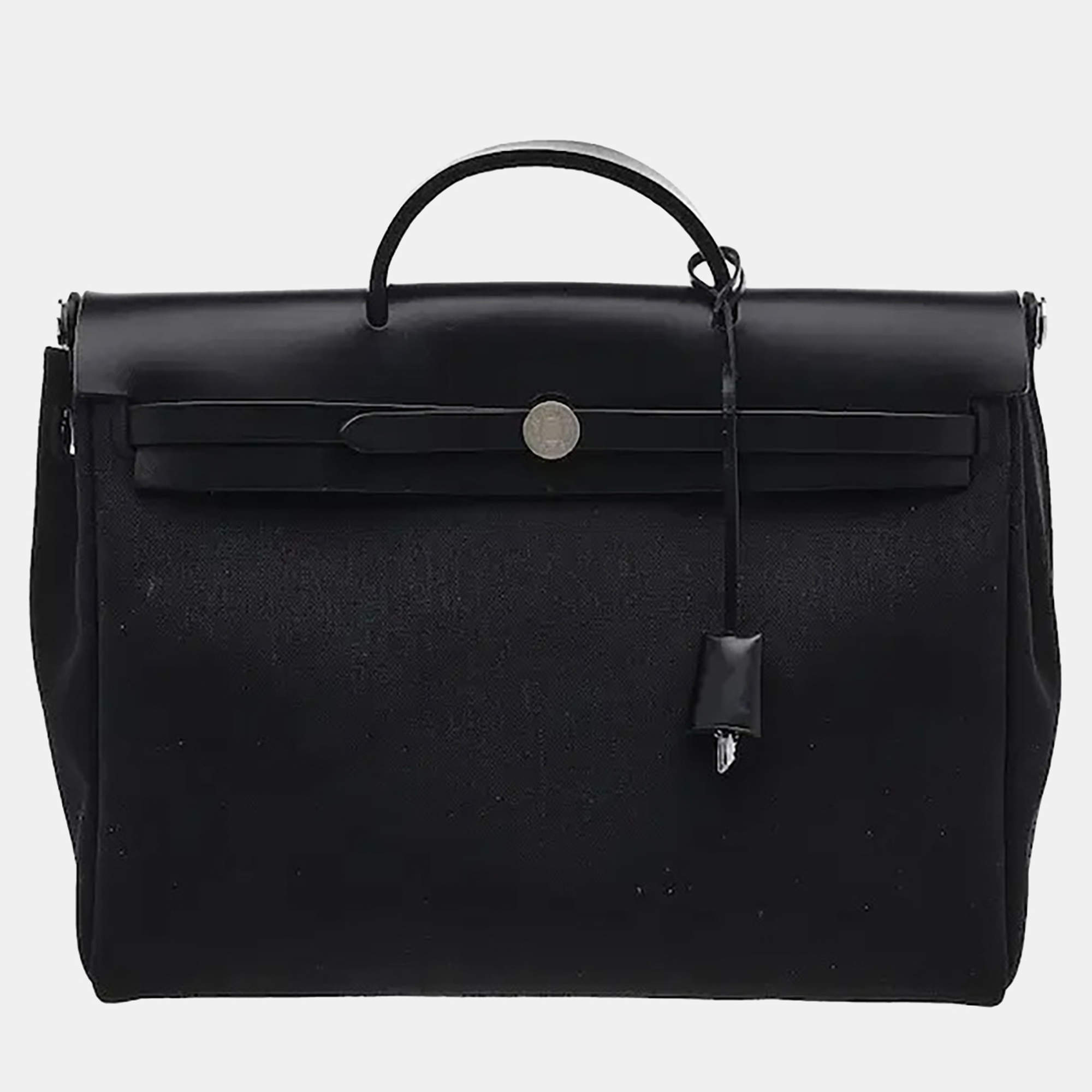 Pre Owned Hermes Herbag Messenger 39 Noir Militaire Canvas Hunter Cowhide Leather Crossbody Bag