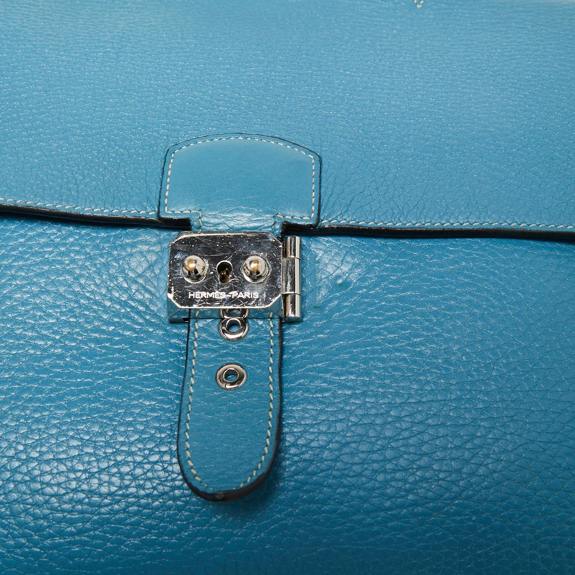 HERMES SAC A DEPECHE 38 Clemence leather Etoupe gray/Blue electric
