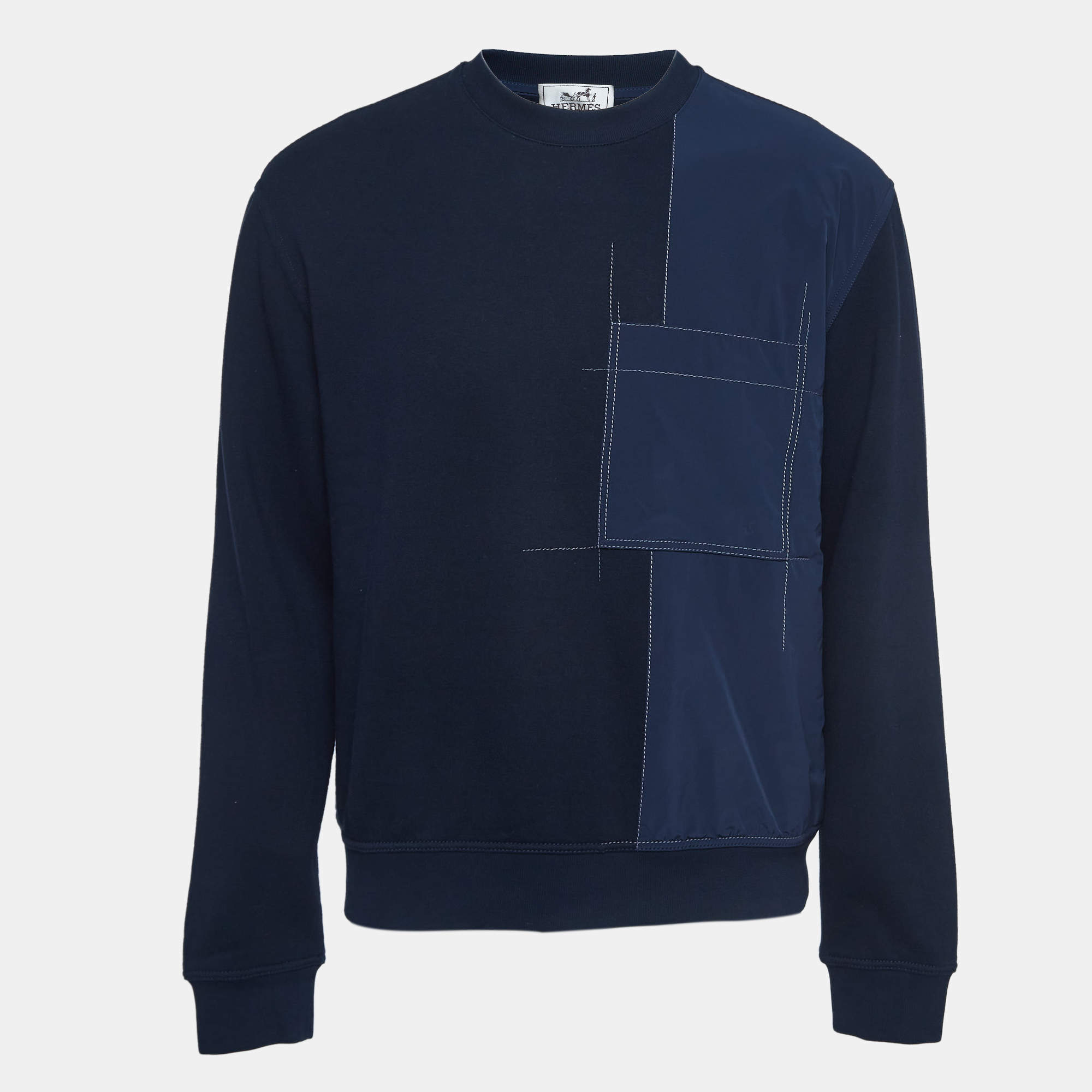 Pre Owned Hermes Navy Blue Cotton Knit Nylon Patch Detail Sweatshirt L
