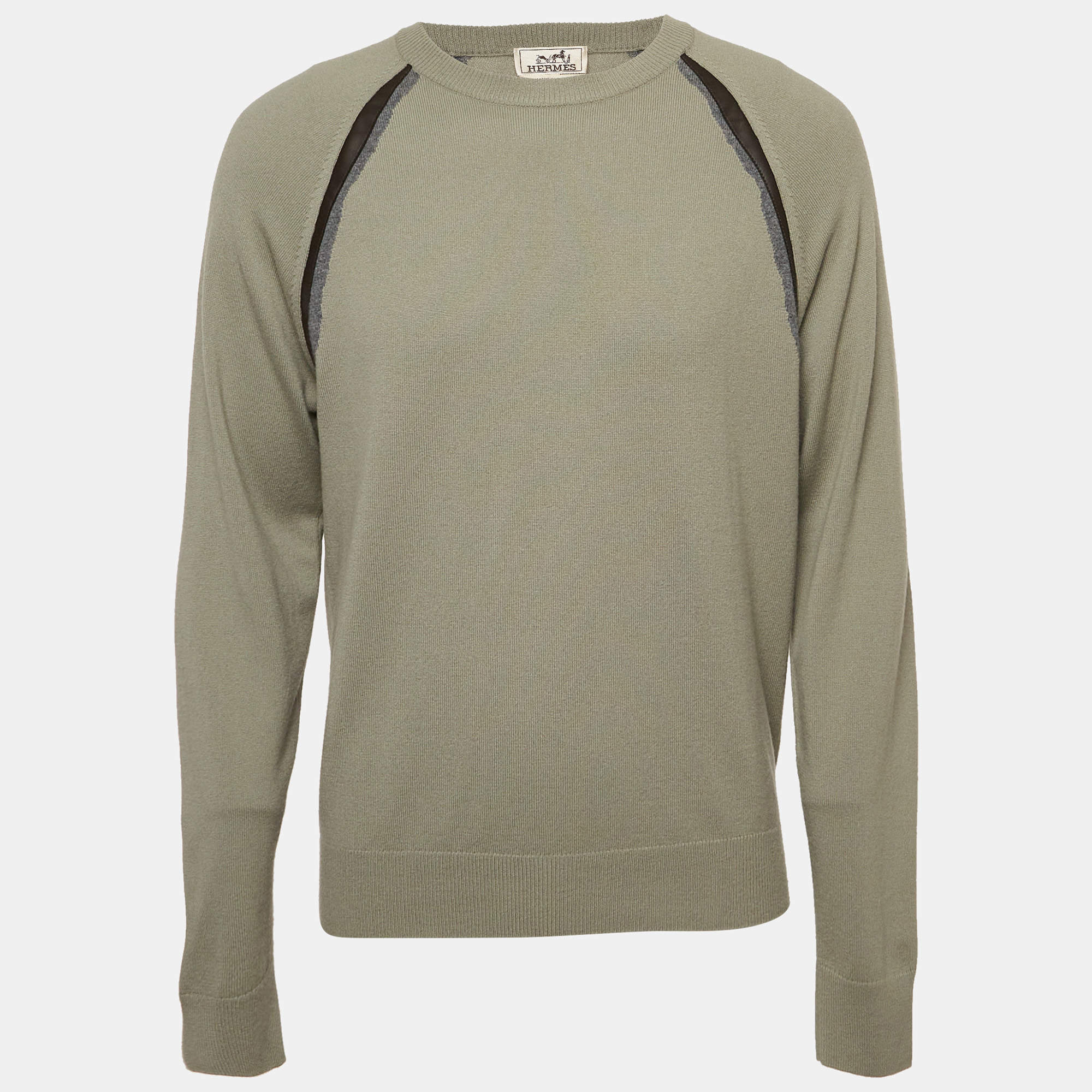 Hermes Grey Wool Ondes Cuir Crewneck Sweater L