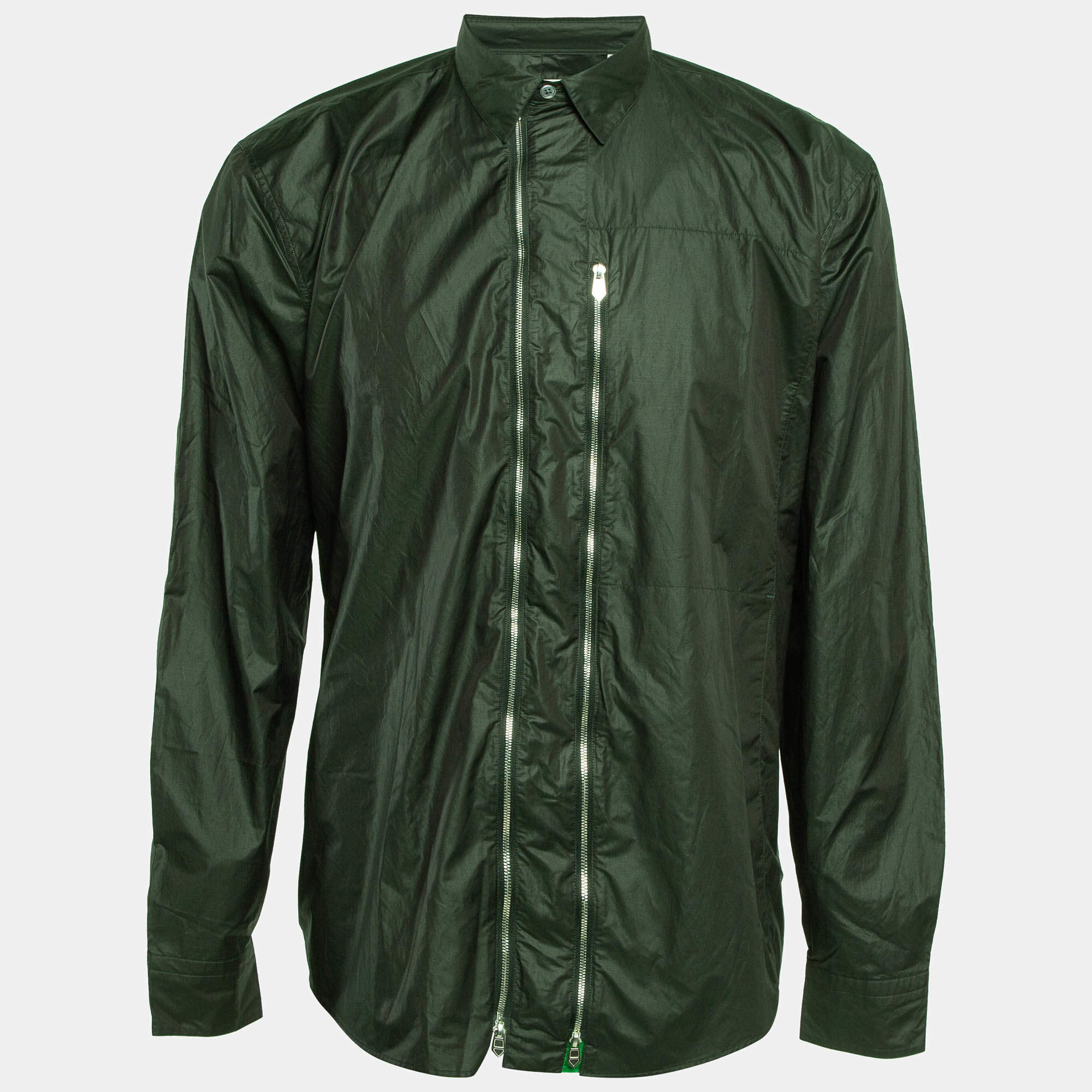 Hermes Green Technical Poplin Zip Front Shirt XL