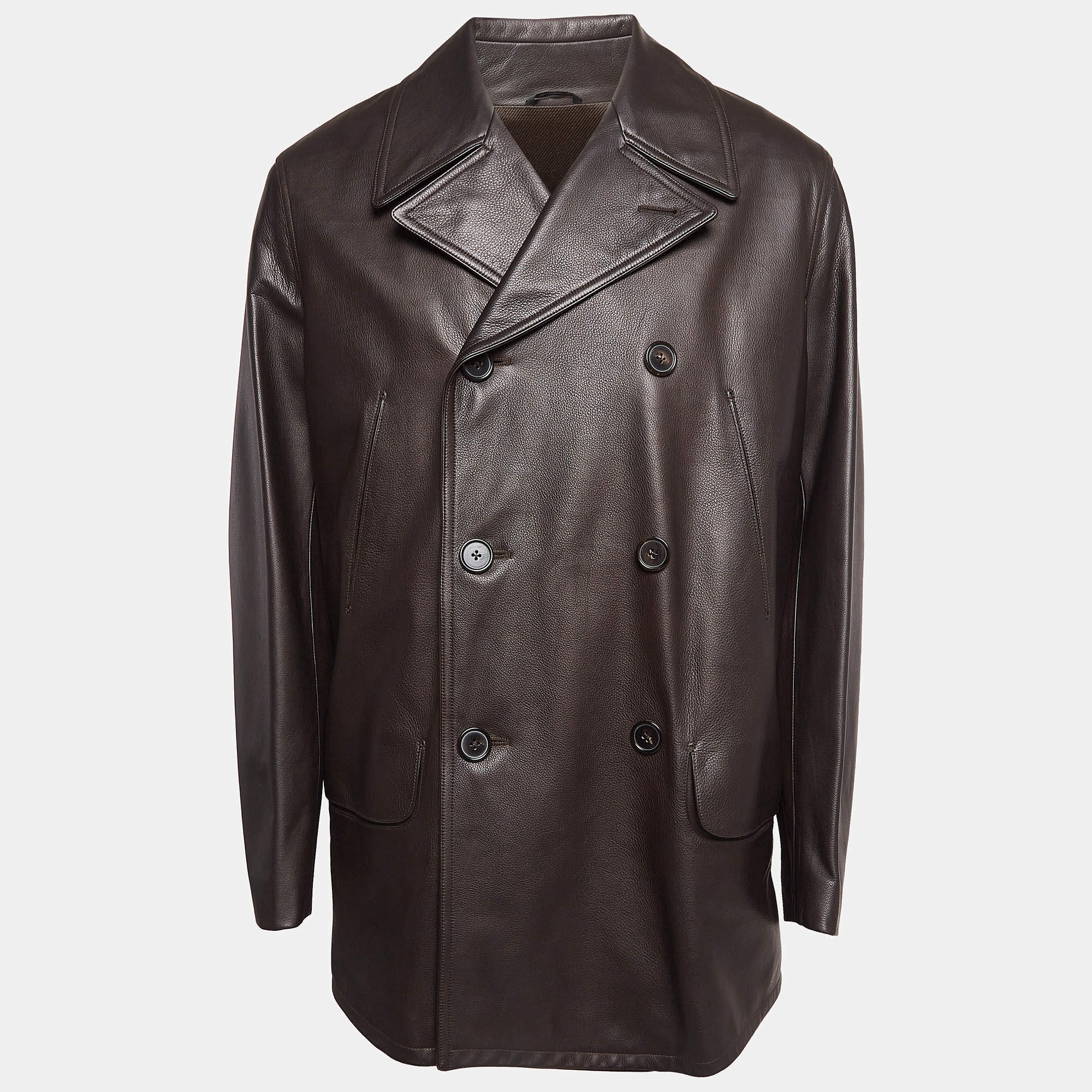 Hermes Dark Brown Leather Double Breasted Long Jacket XL