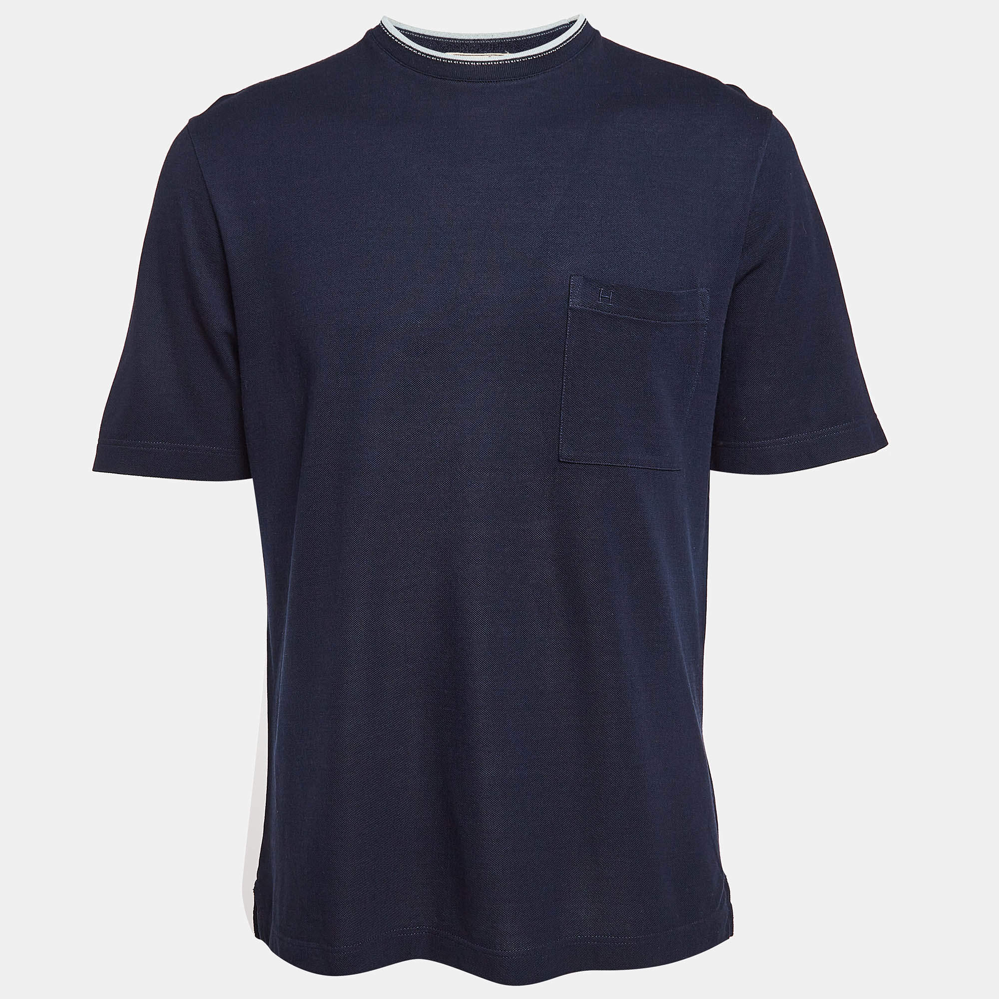 Pre Owned Hermes Navy Blue Cotton Pique Knit Half Sleeve T-Shirt M