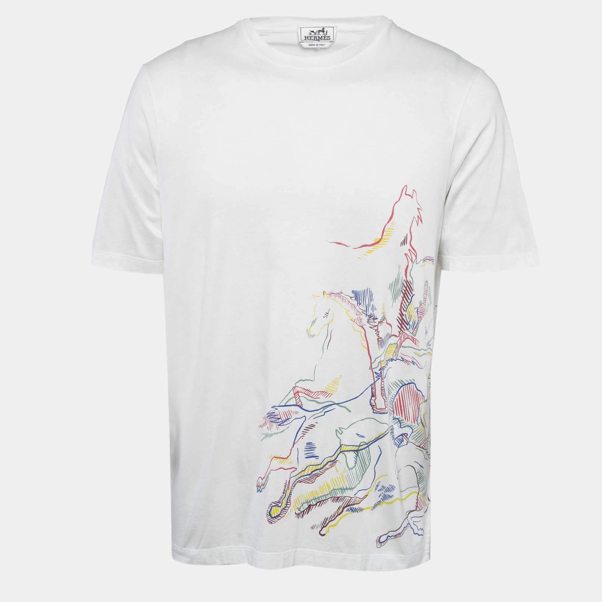 Hermes White Cavalcade Print Cotton Crew Neck T-Shirt M