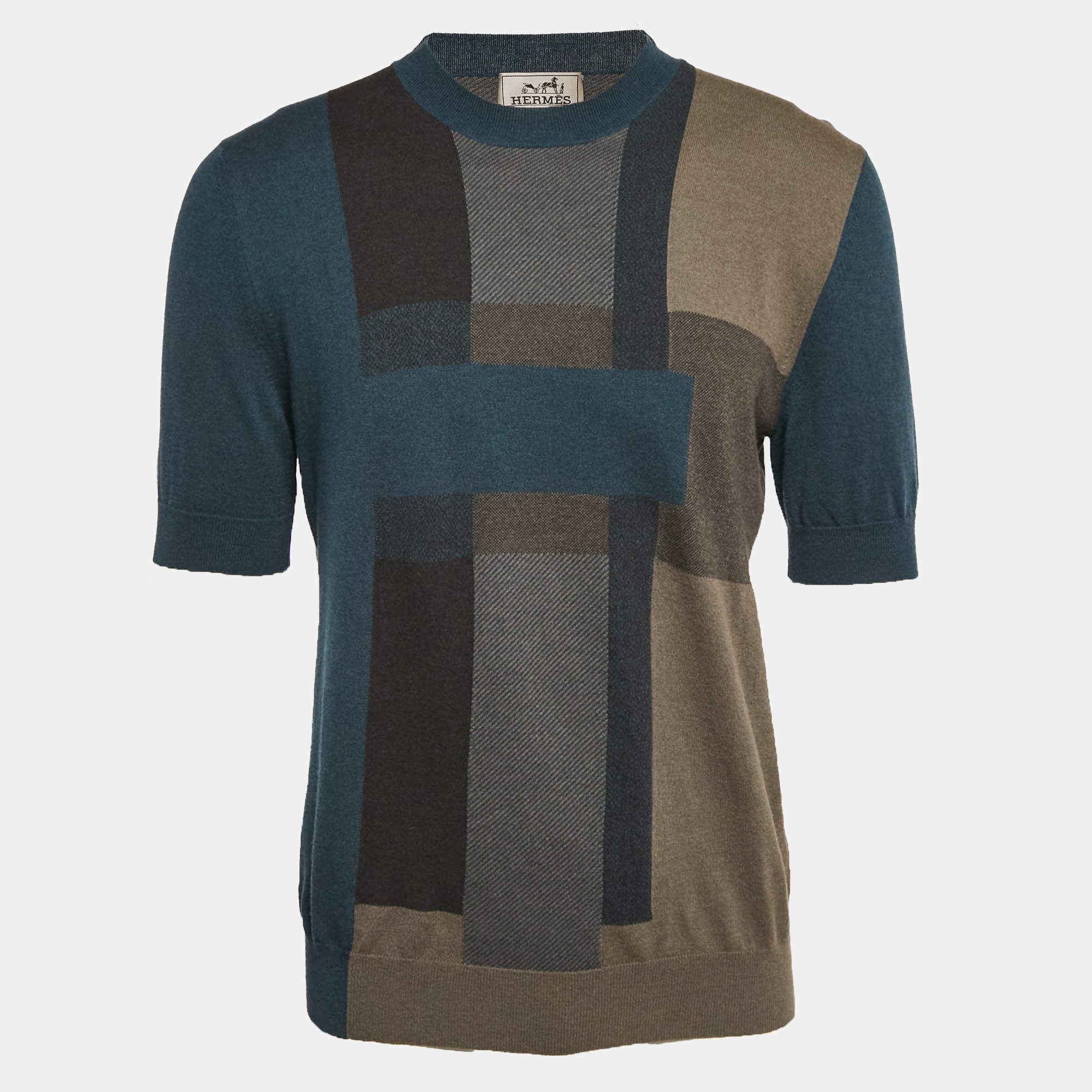 Pre Owned Hermes Blue Checks Cashmere Knit Crew Neck T-Shirt L