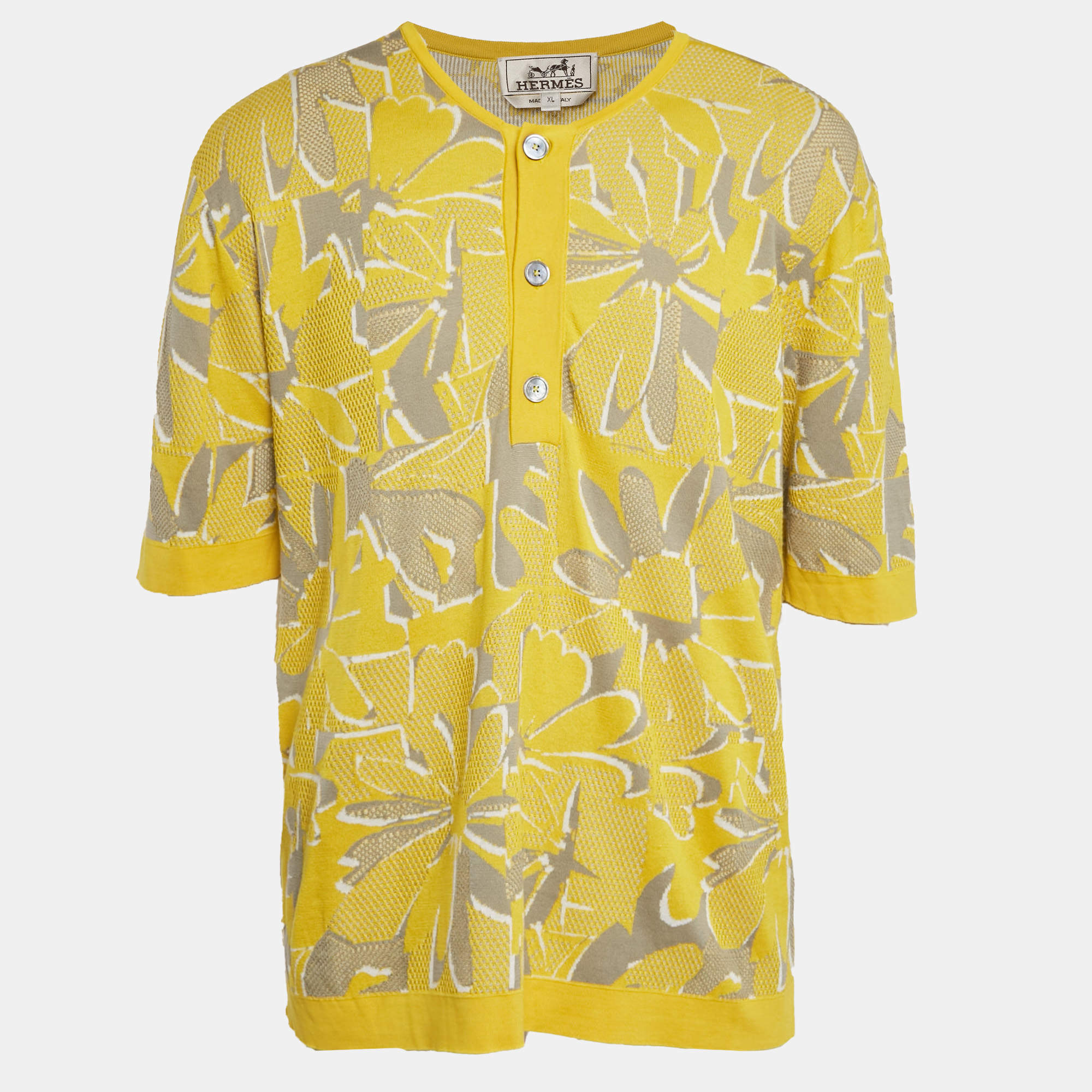 Pre Owned Hermes Yellow Puzzle Floral Knit Henley Collar T-Shirt XL