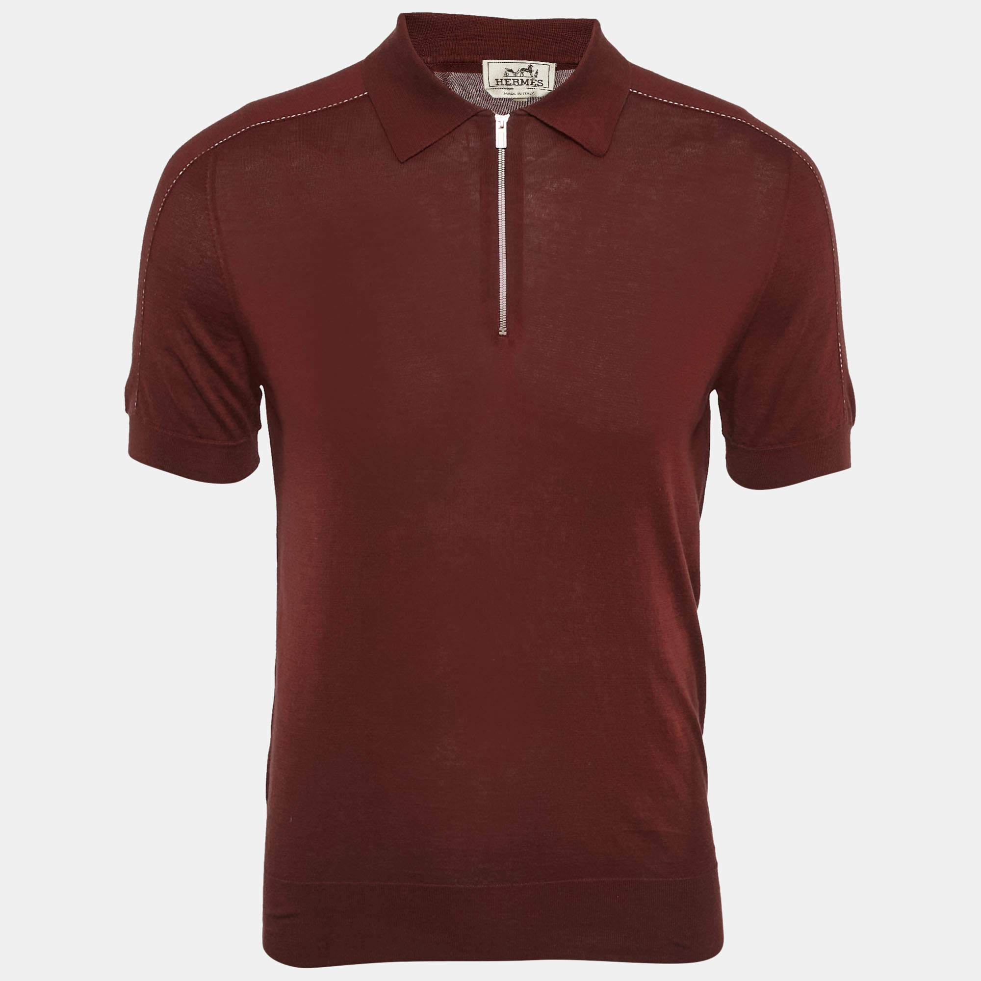 Pre Owned Hermes Dark Red Cotton Zip-Detail Polo T-Shirt M