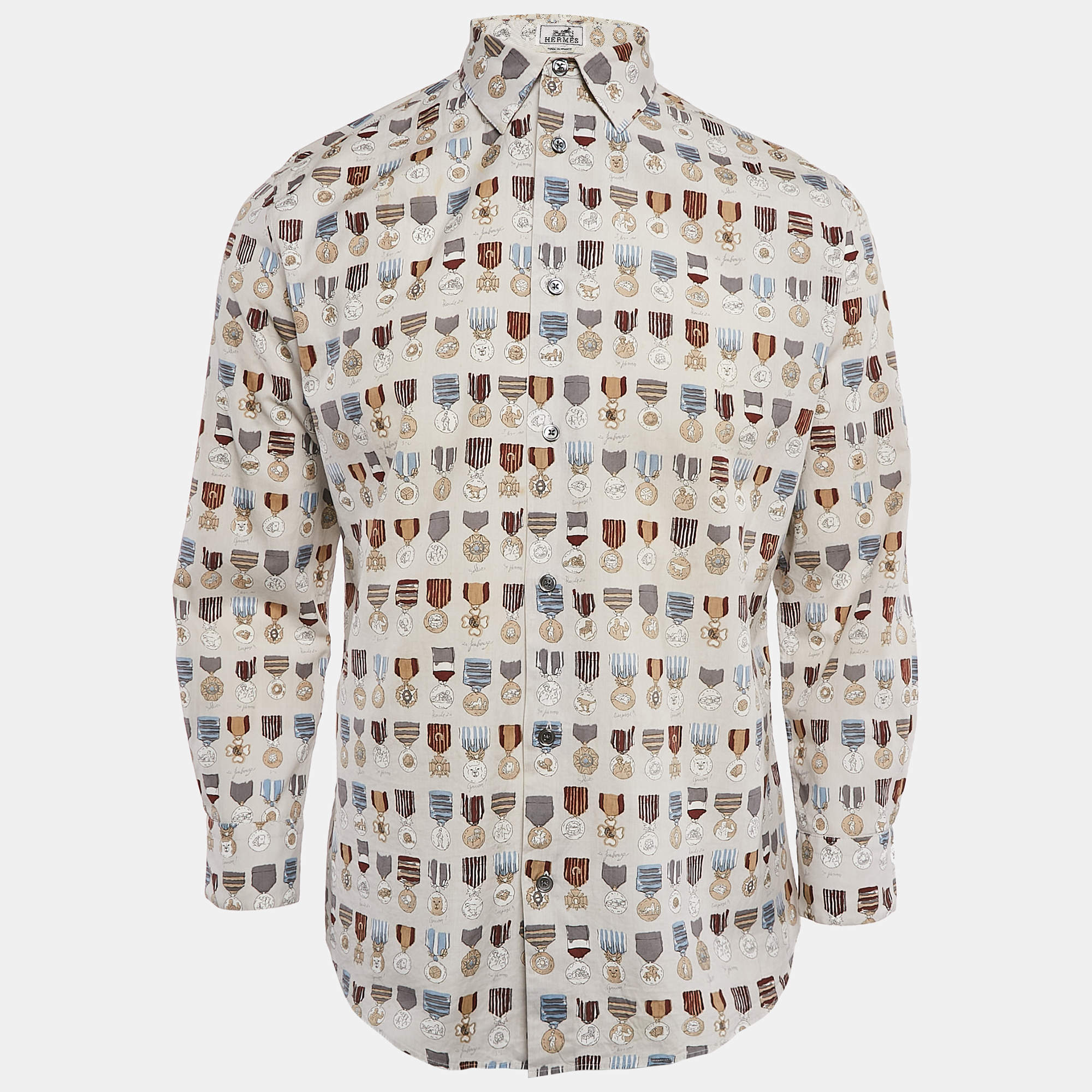 Hermes Grey/Multicolor Medal Print Button Front Shirt M