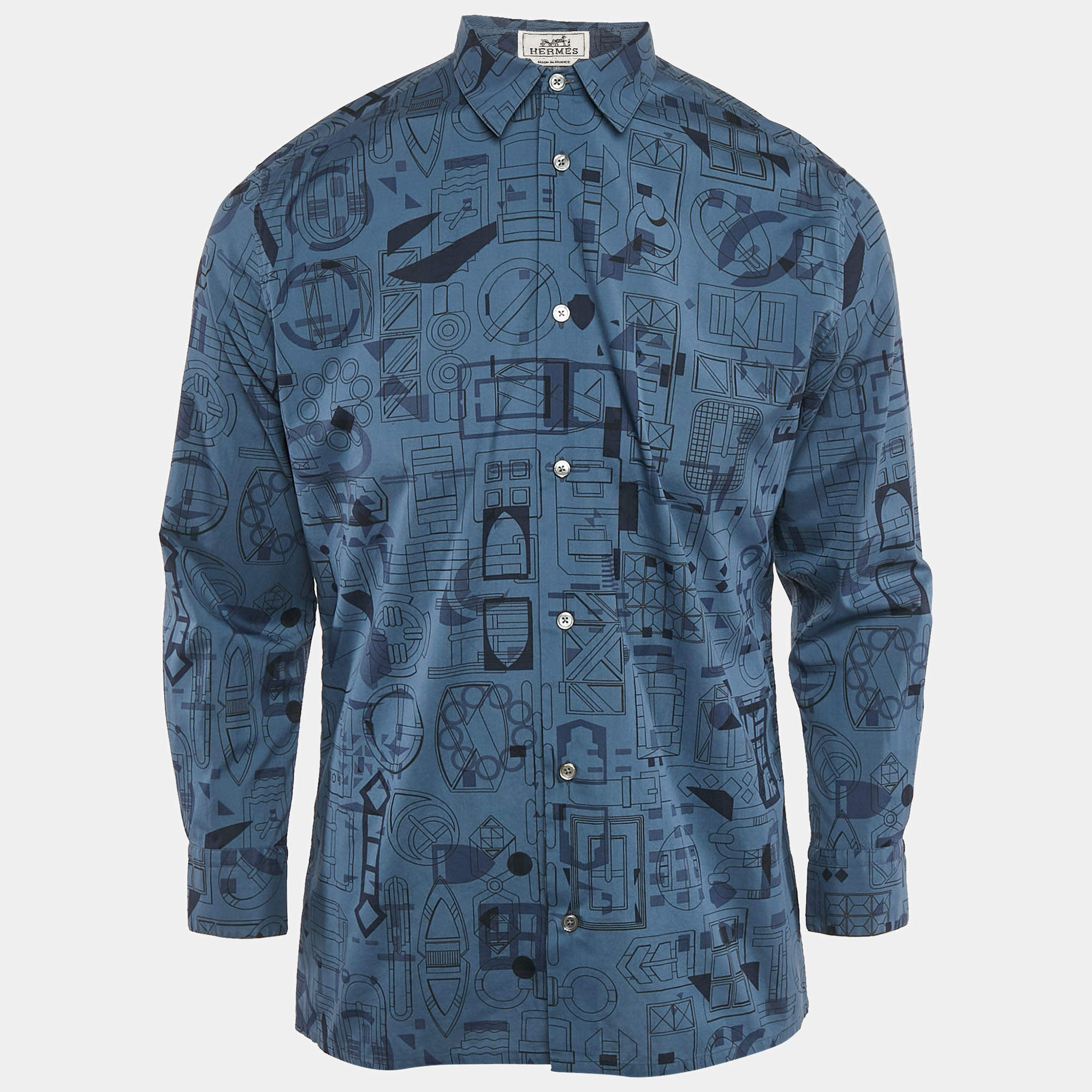 Hermes Blue Printed Cotton Button Front Shirt M