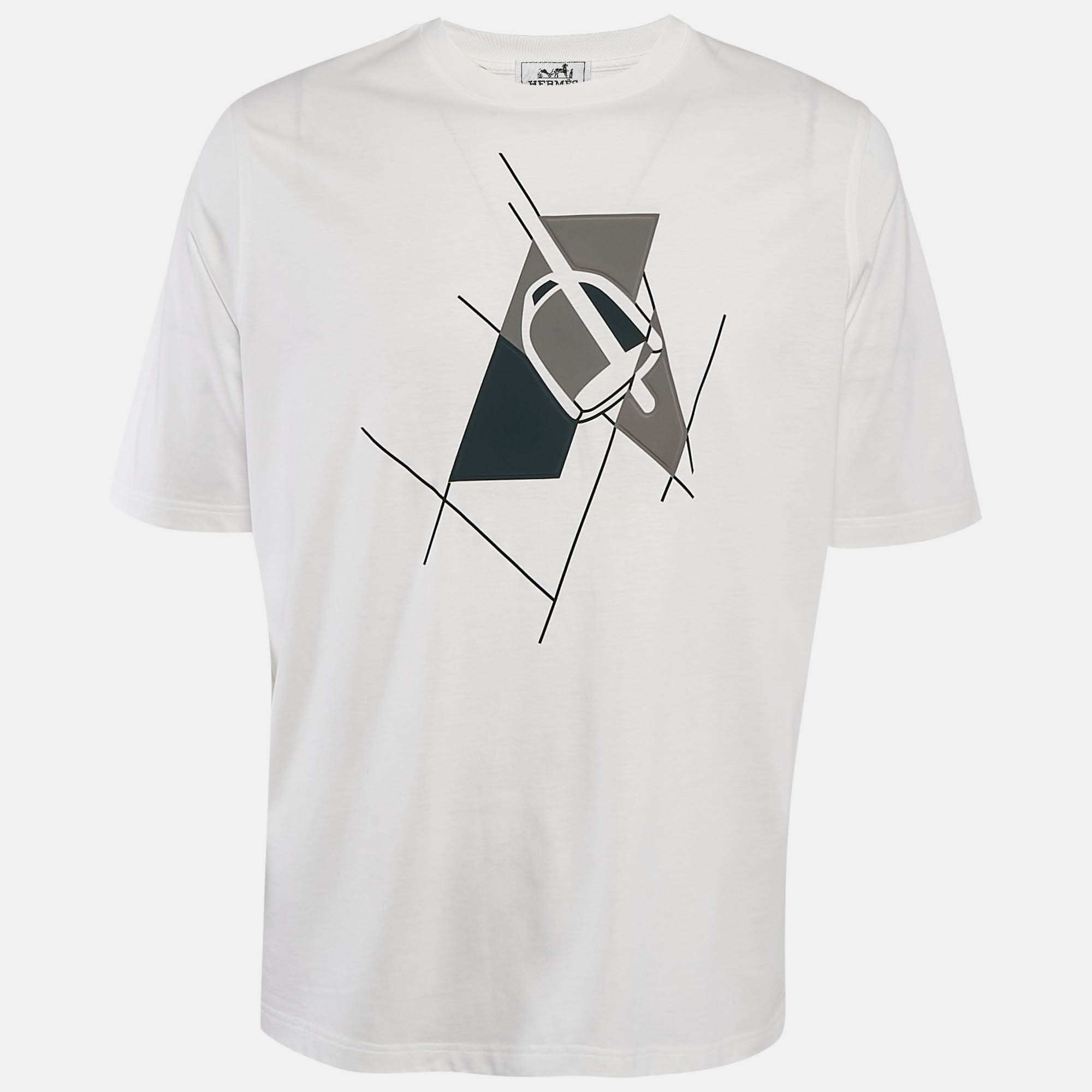 Hermes White Print Cotton Half Sleeve T-Shirt M