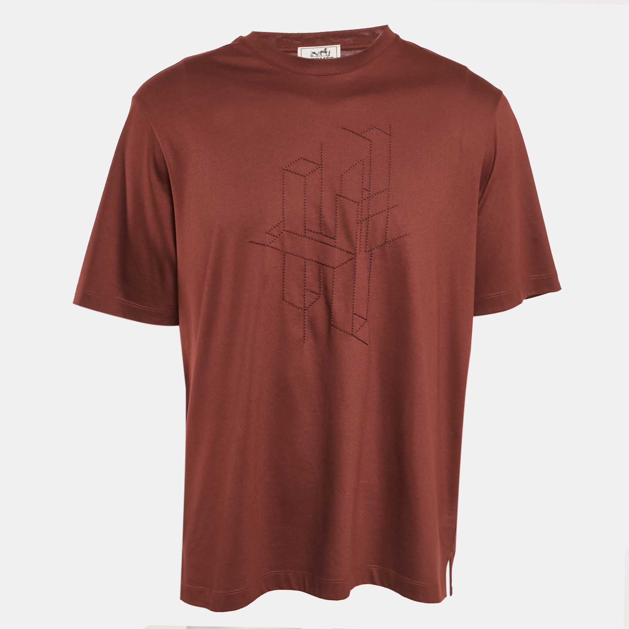 Hermes Brown Geometric Embroidered Jersey T-Shirt L