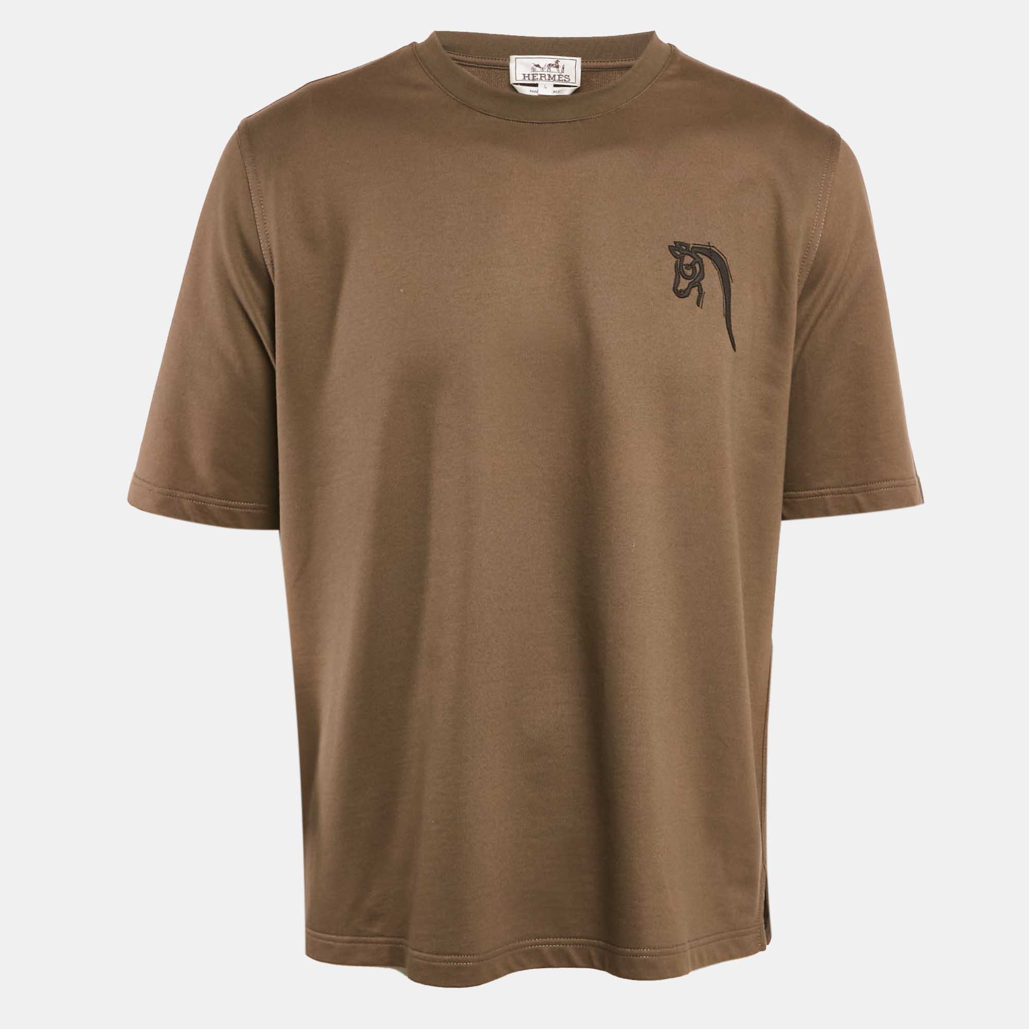 Hermes Green Leather Applique Jersey Crewneck T-Shirt L