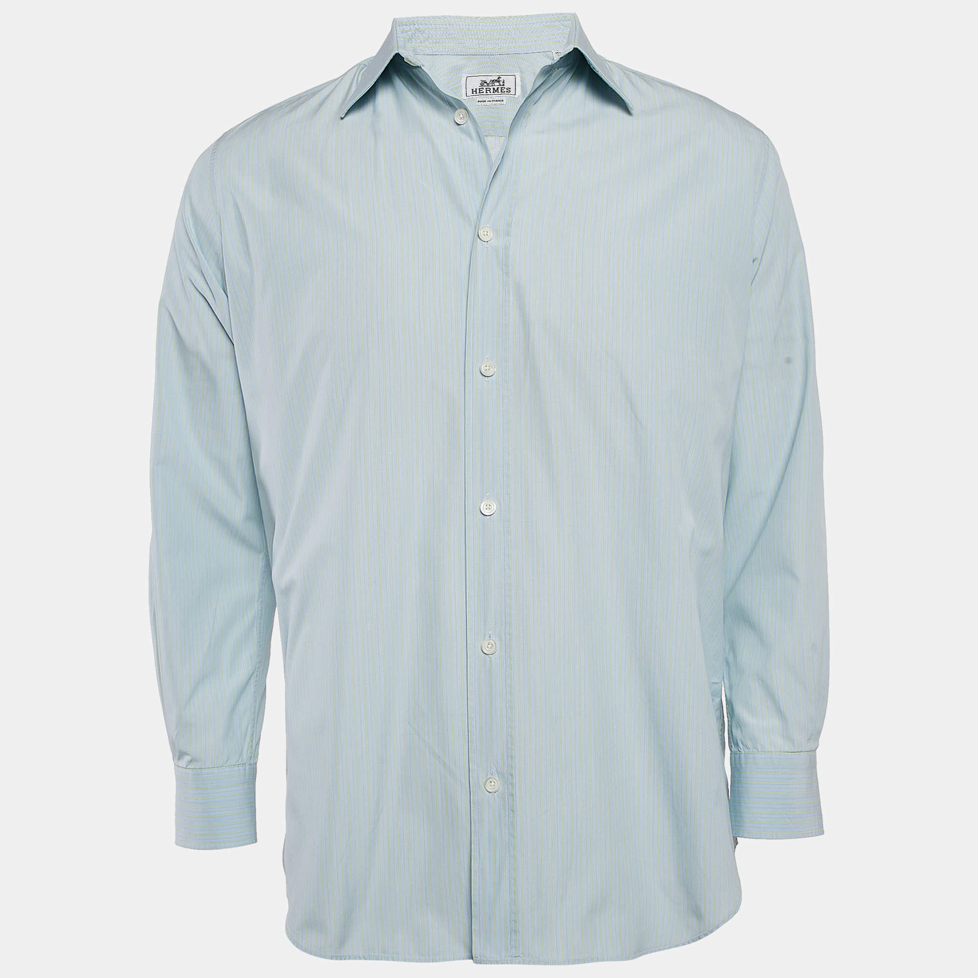 Hermès Blue Stripe Cotton Button Front Long Sleeve Shirt M