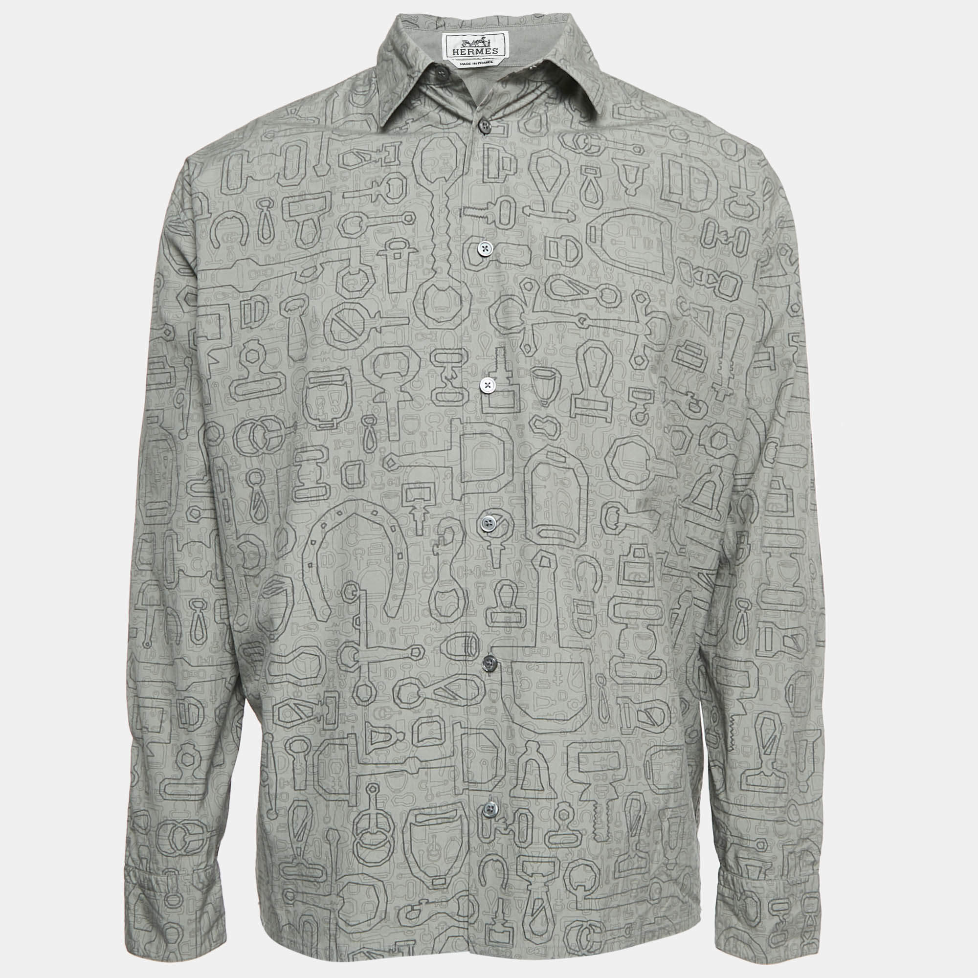 Hermes Grey Printed Cotton Button Front Long Sleeve Shirt M