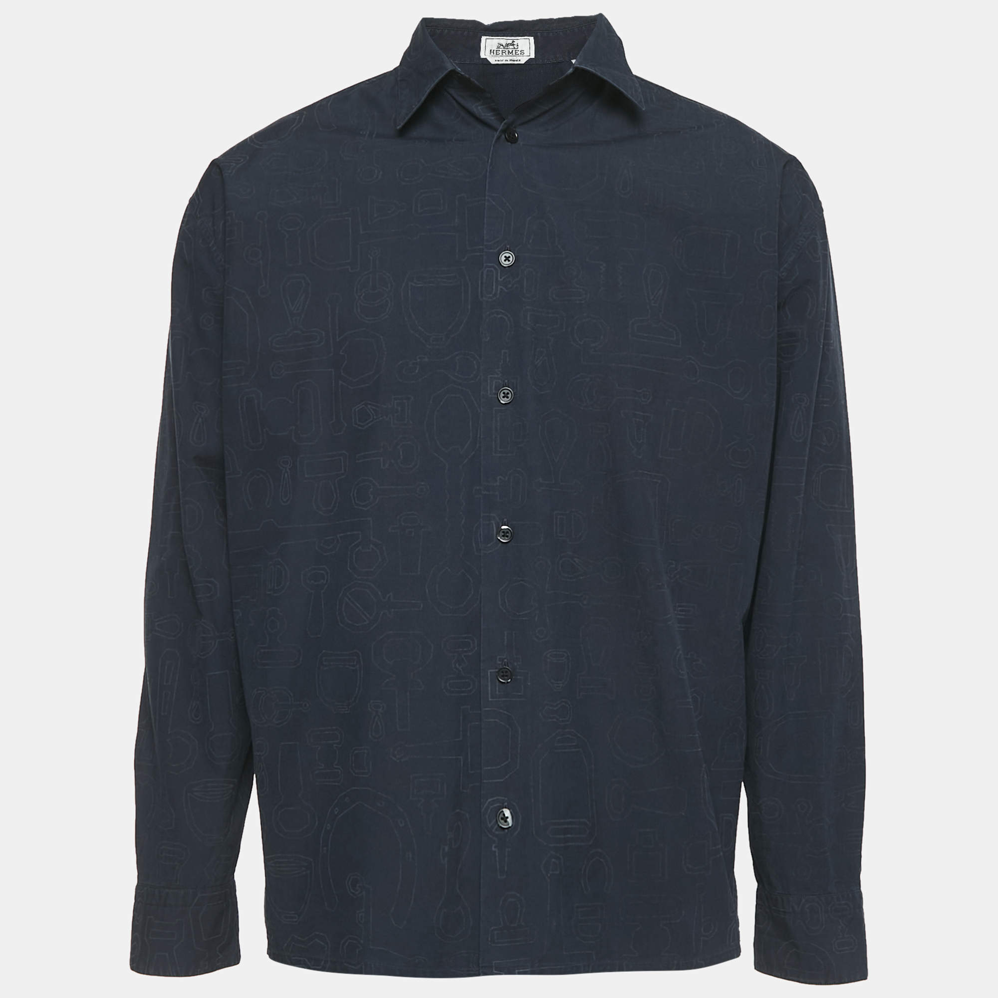 Hermès Blue Printed Cotton Button Front Long Sleeve Shirt M