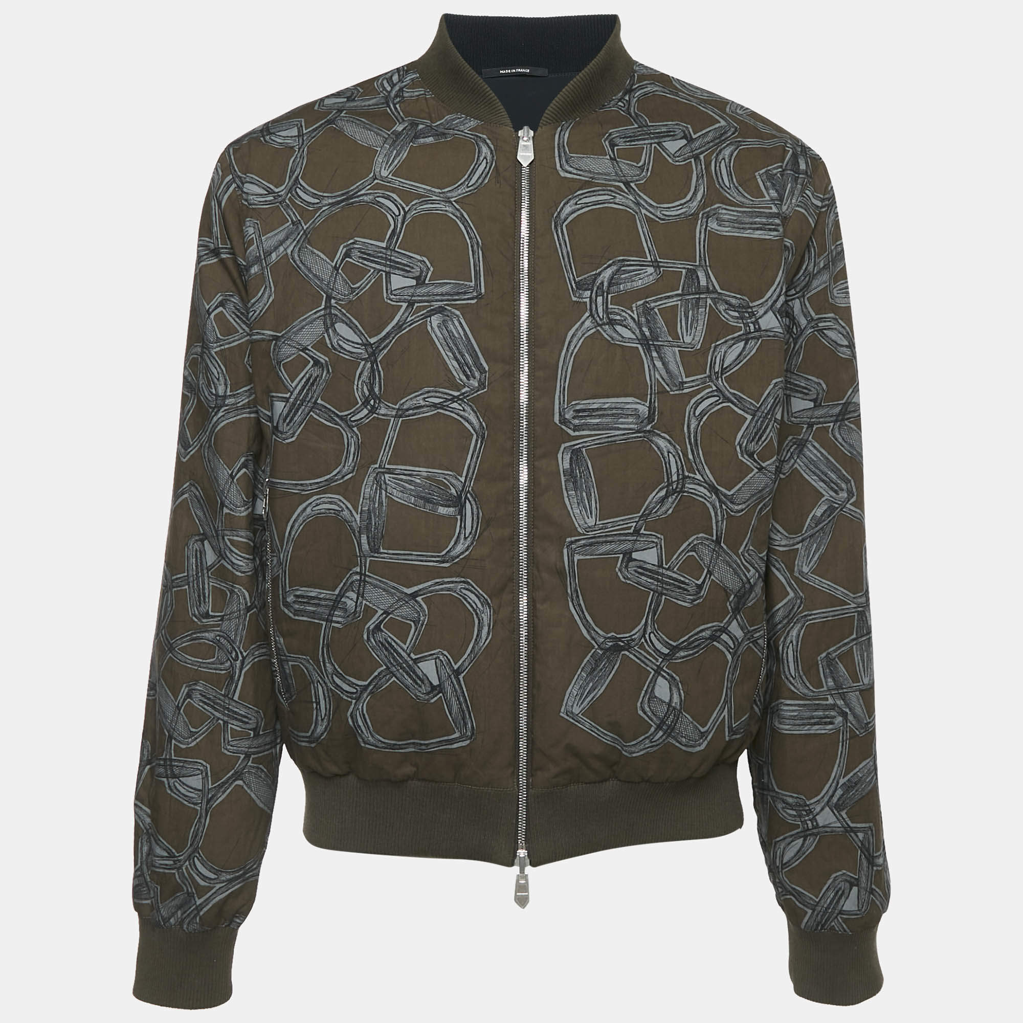 Hermes Blue Cotton and Nylon Printed Reversible Zip-Up Bomber Jacket XL