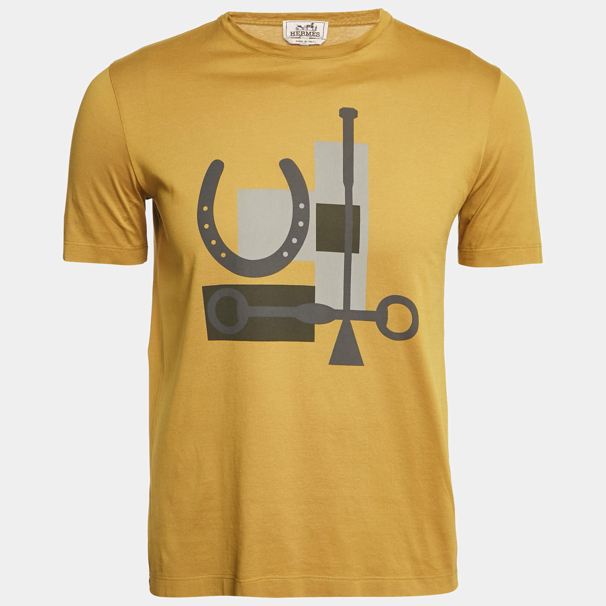 Pre Owned Hermes Mustard Yellow Printed Cotton Crew Neck T-Shirt XS