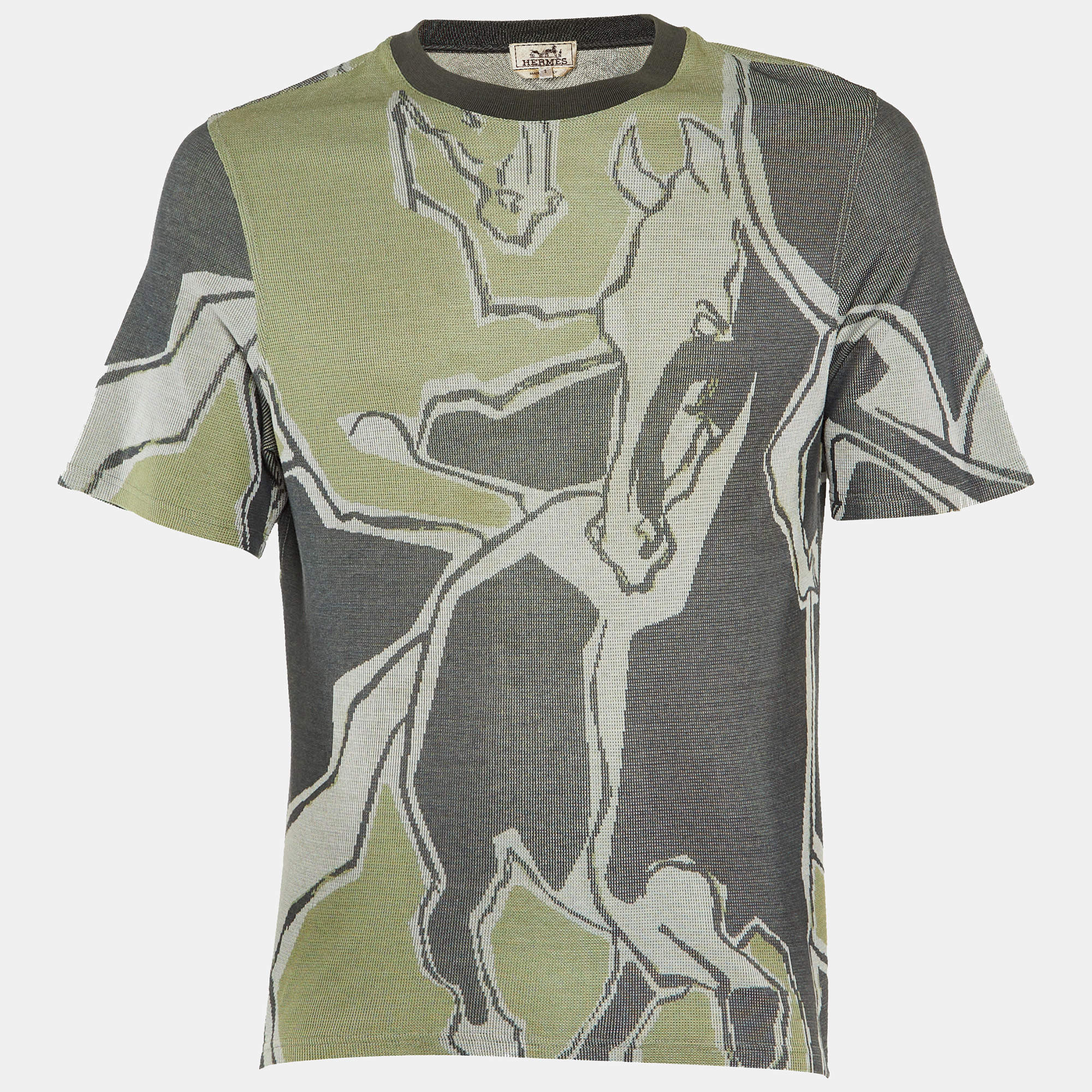 مملوكة مسبقًا Hermès Green/Grey Horse Print Cotton Crew Neck T-Shirt S