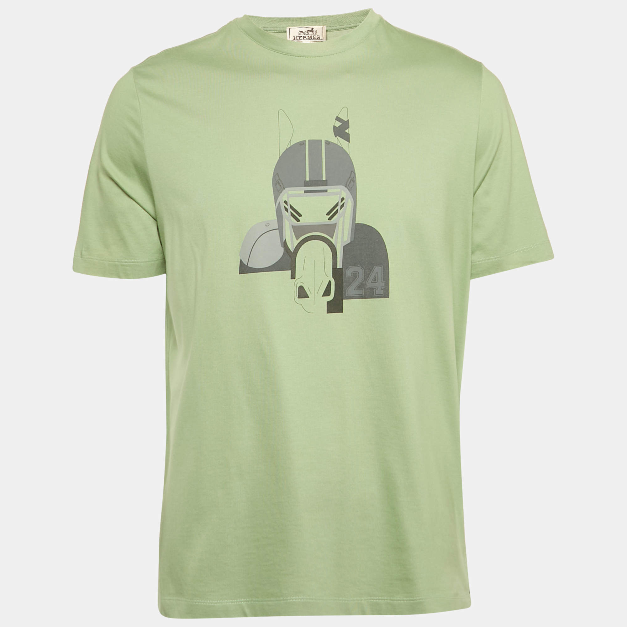 Hermes Green Print Cotton Crew Neck Half Sleeve Quarterb'H" T-Shirt L