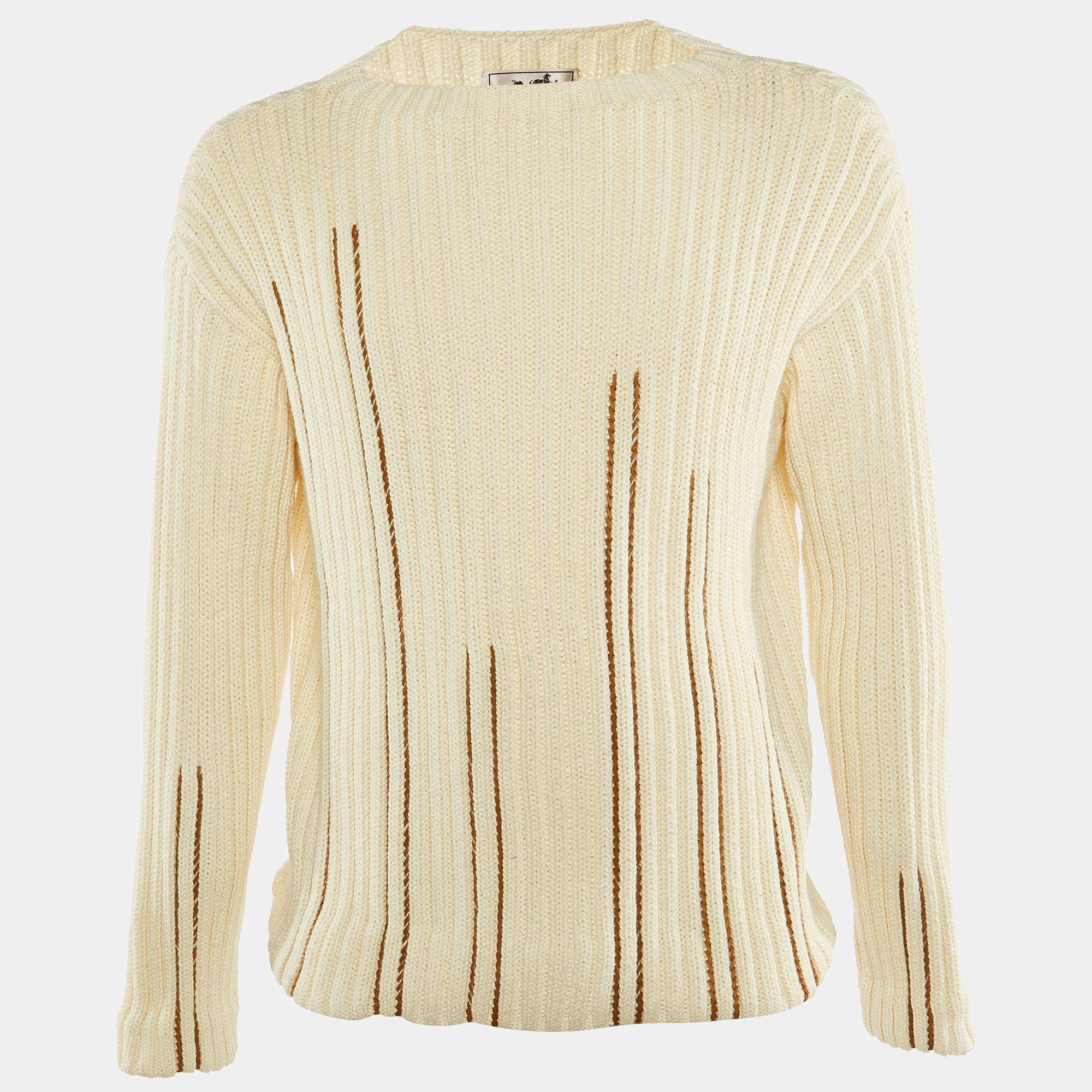 Hermes Cream Cotton Cable Knit Leather Braided Pull Over S