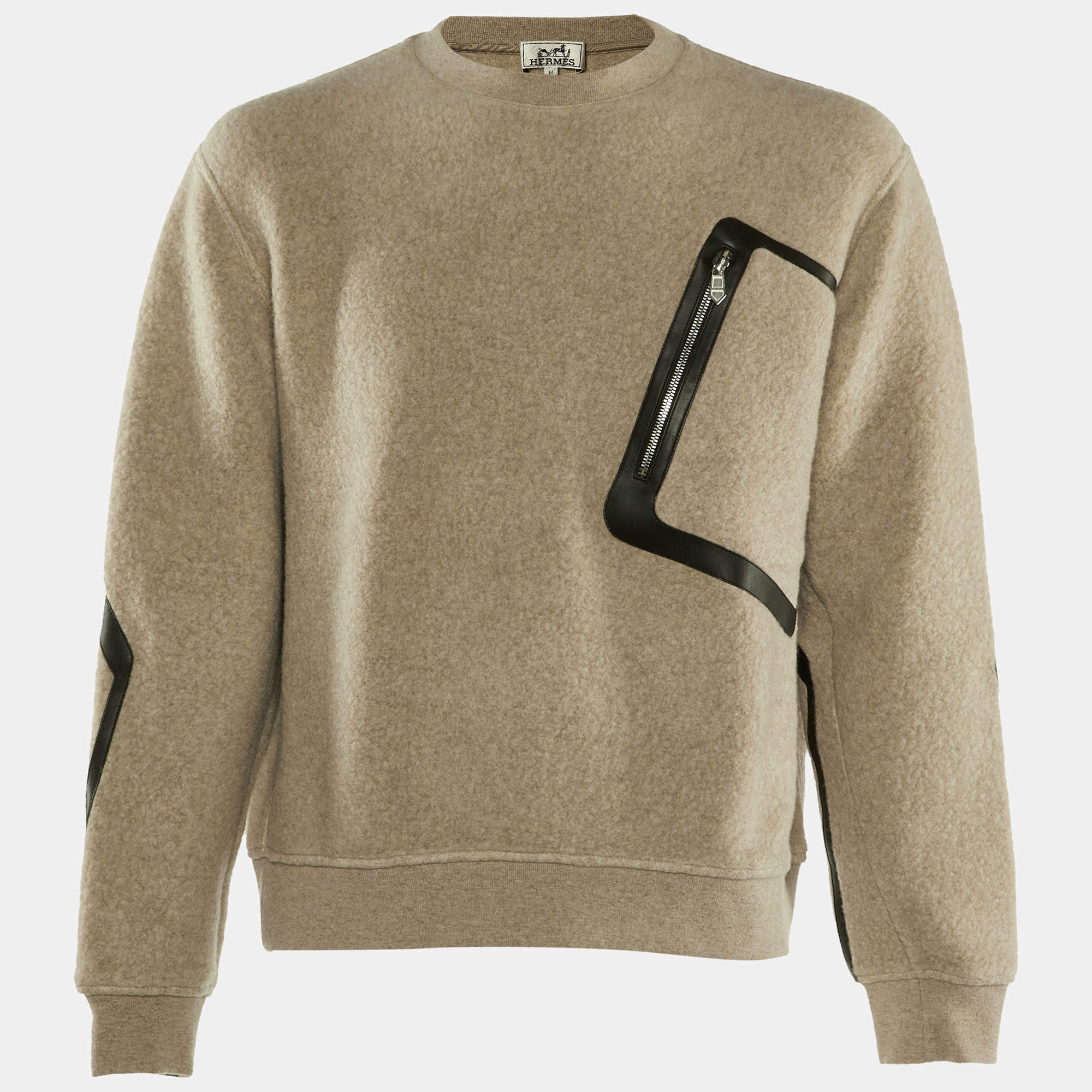 Hermès Beige Wool & Cashmere Leather Trimmed Sweatshirt M