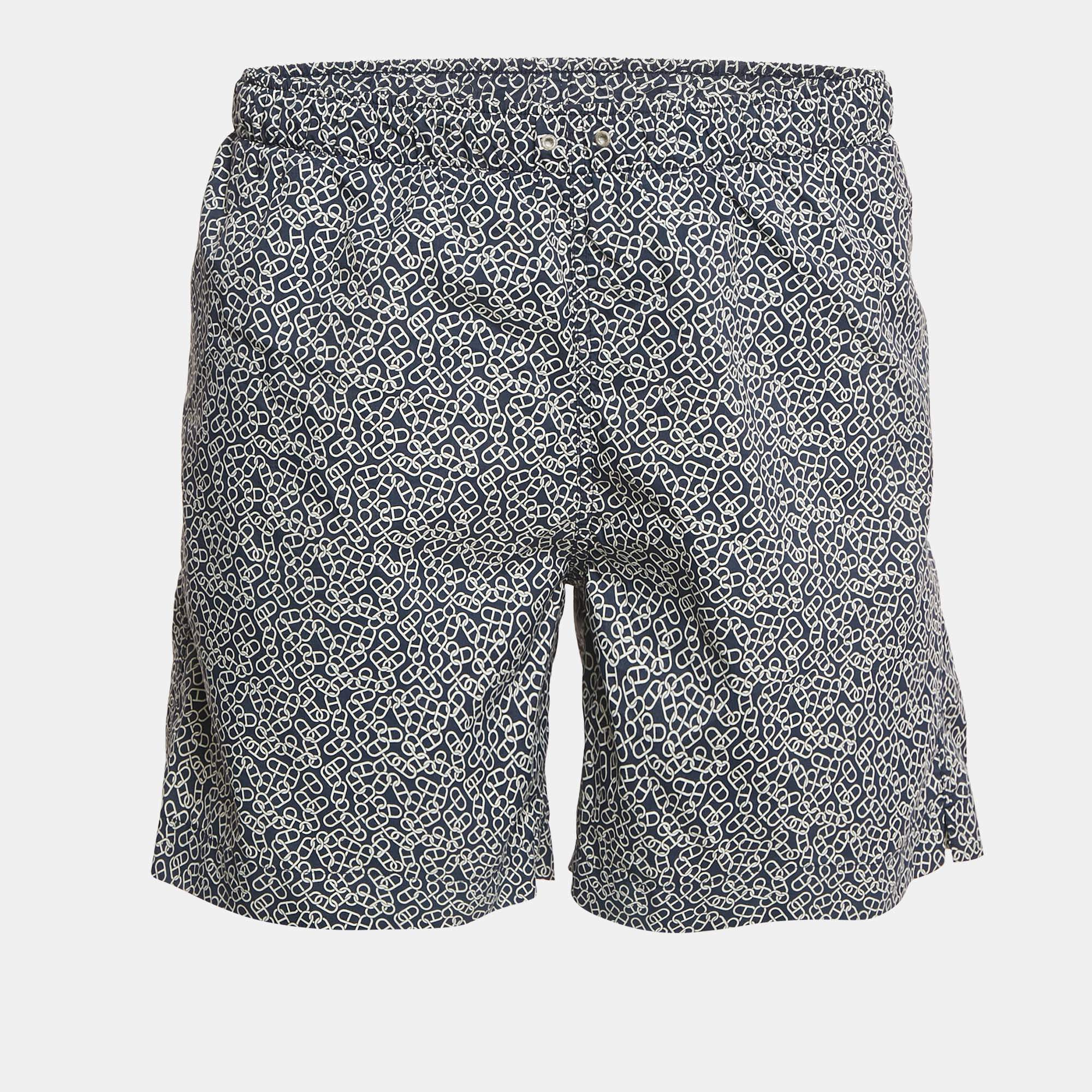 Hermes Blue Chain Print Nylon Swim Shorts L