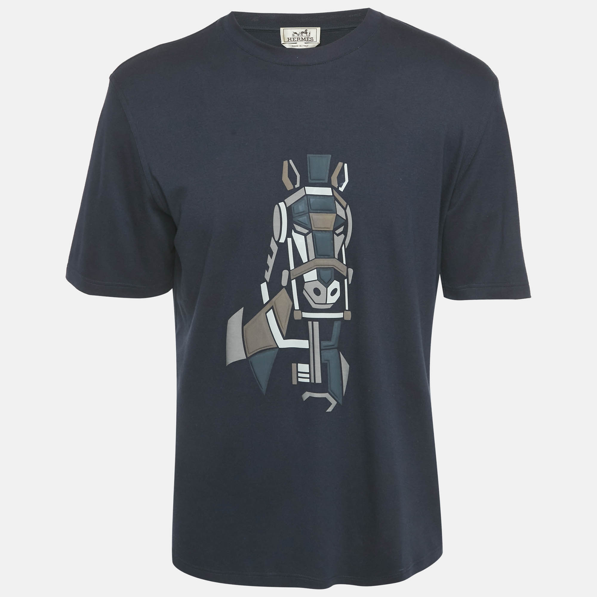 Hermès Navy Blue Horse Print Cotton Crew Neck T-Shirt L