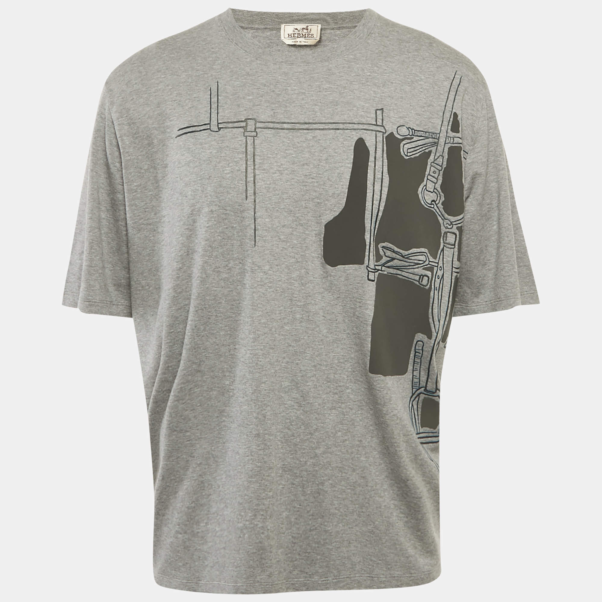 Hermes Grey Jersey Harnais en Gouache 3D T-Shirt XXL