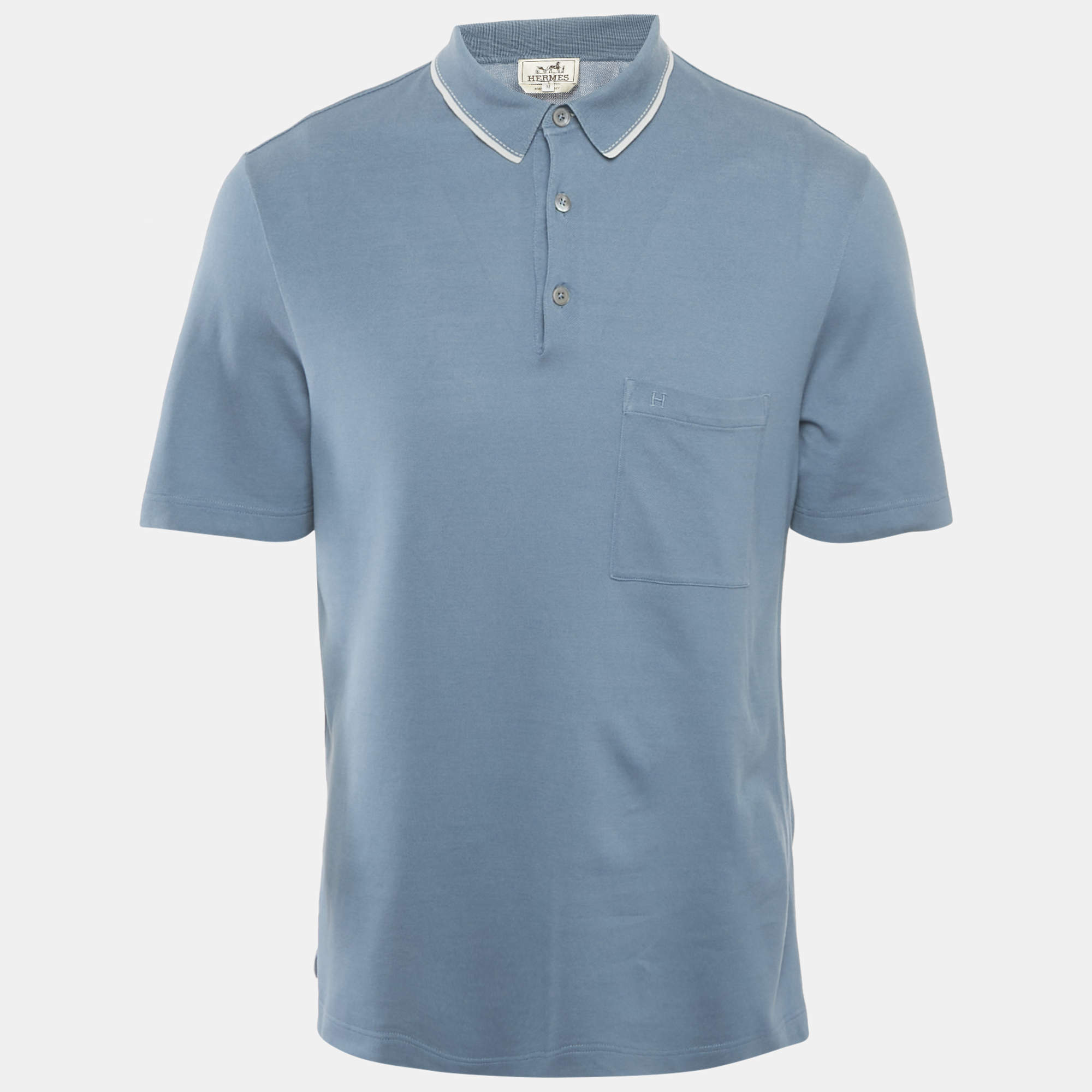 Hermès Blue Logo Embroidered Cotton Pique Polo T-Shirt M