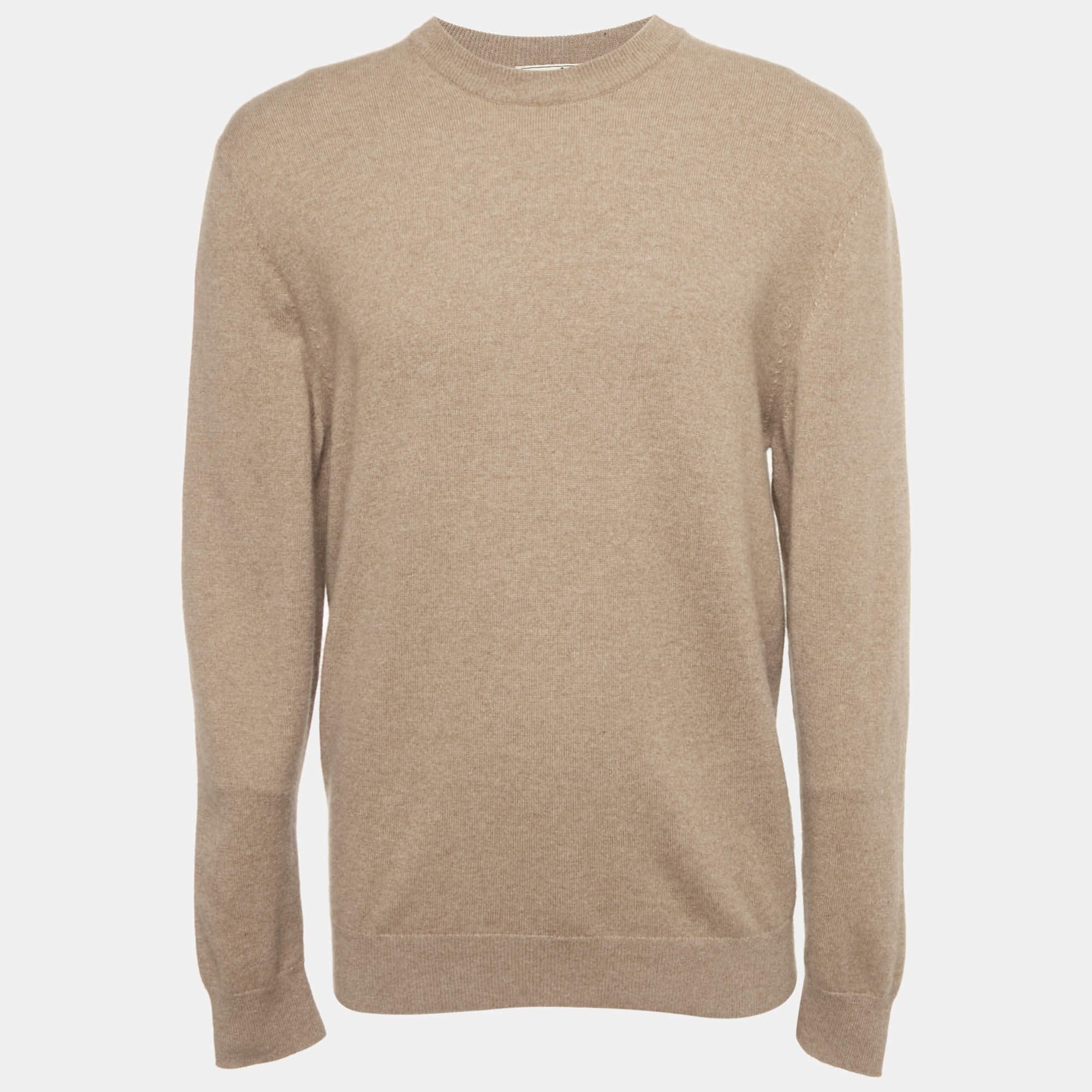 Pre Owned Hermes Brown Leather Trim Cashmere Knit Sweater XL