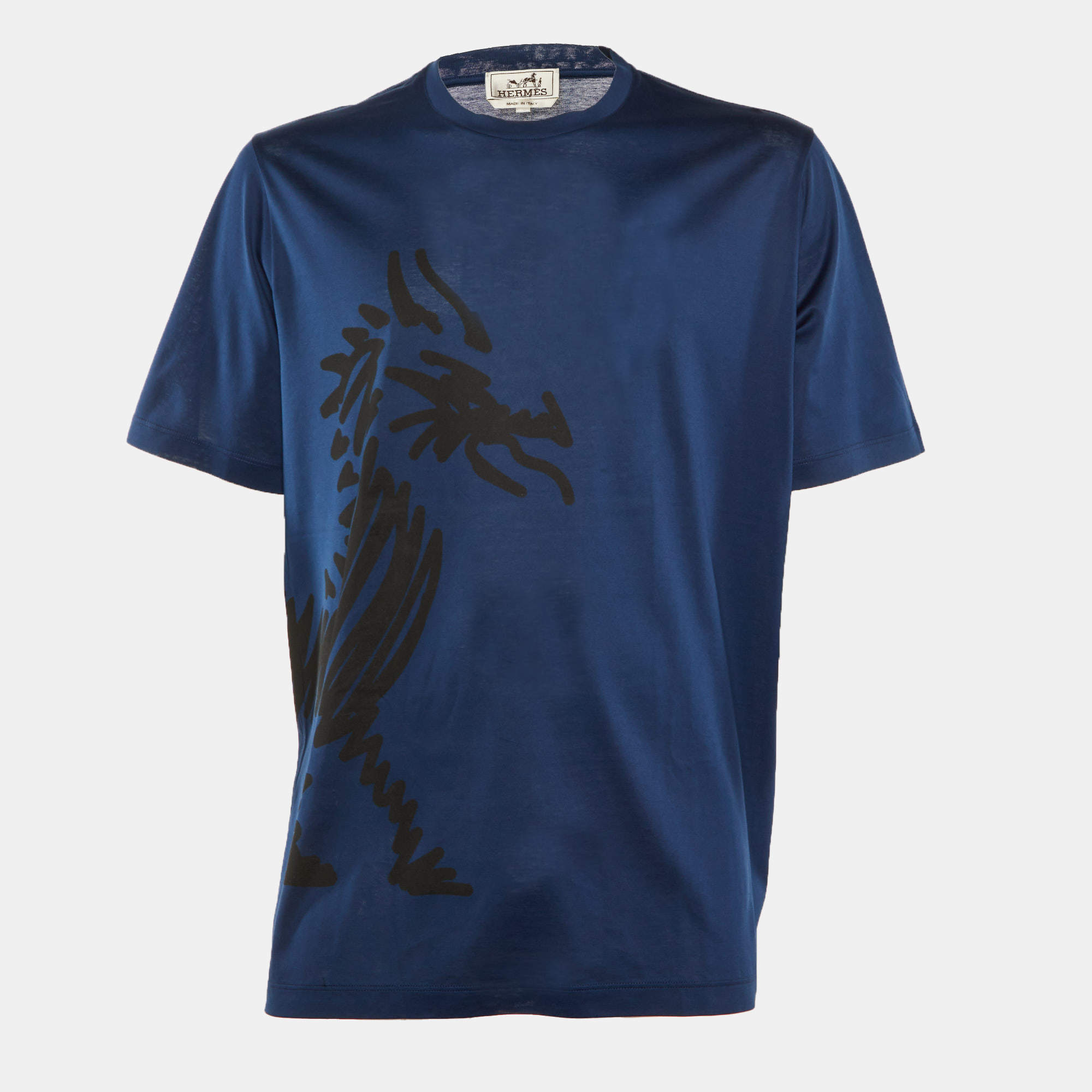 Pre Owned Hermes Indigo Blue Dragon Print Cotton Imprime Place T-Shirt XXL  