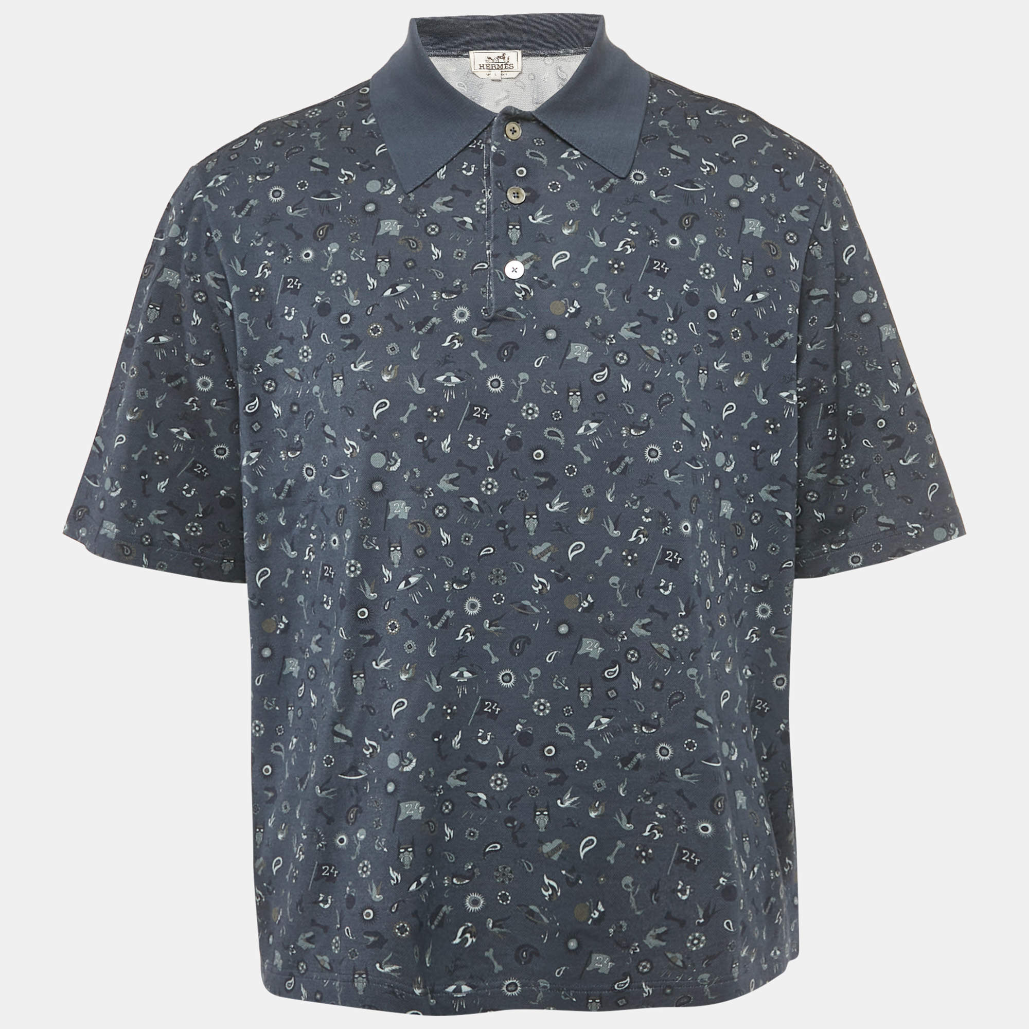 Pre Owned Hermes Blue Printed Cotton Pique Polo T-Shirt L