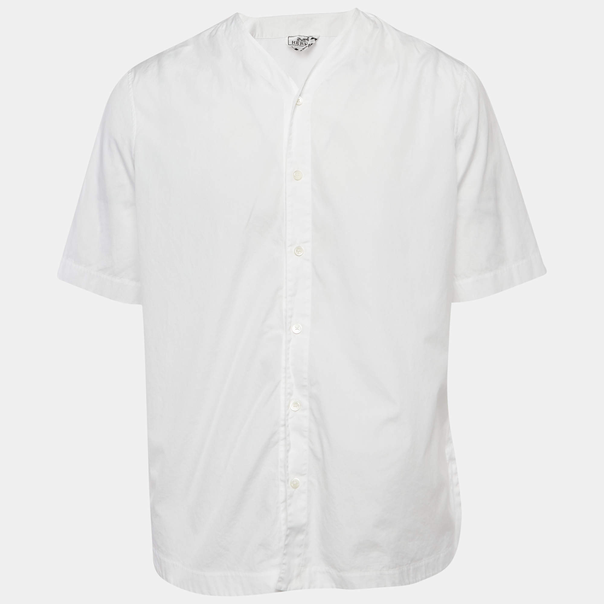 Pre Owned Hermes White Cotton Collarless Shirt L