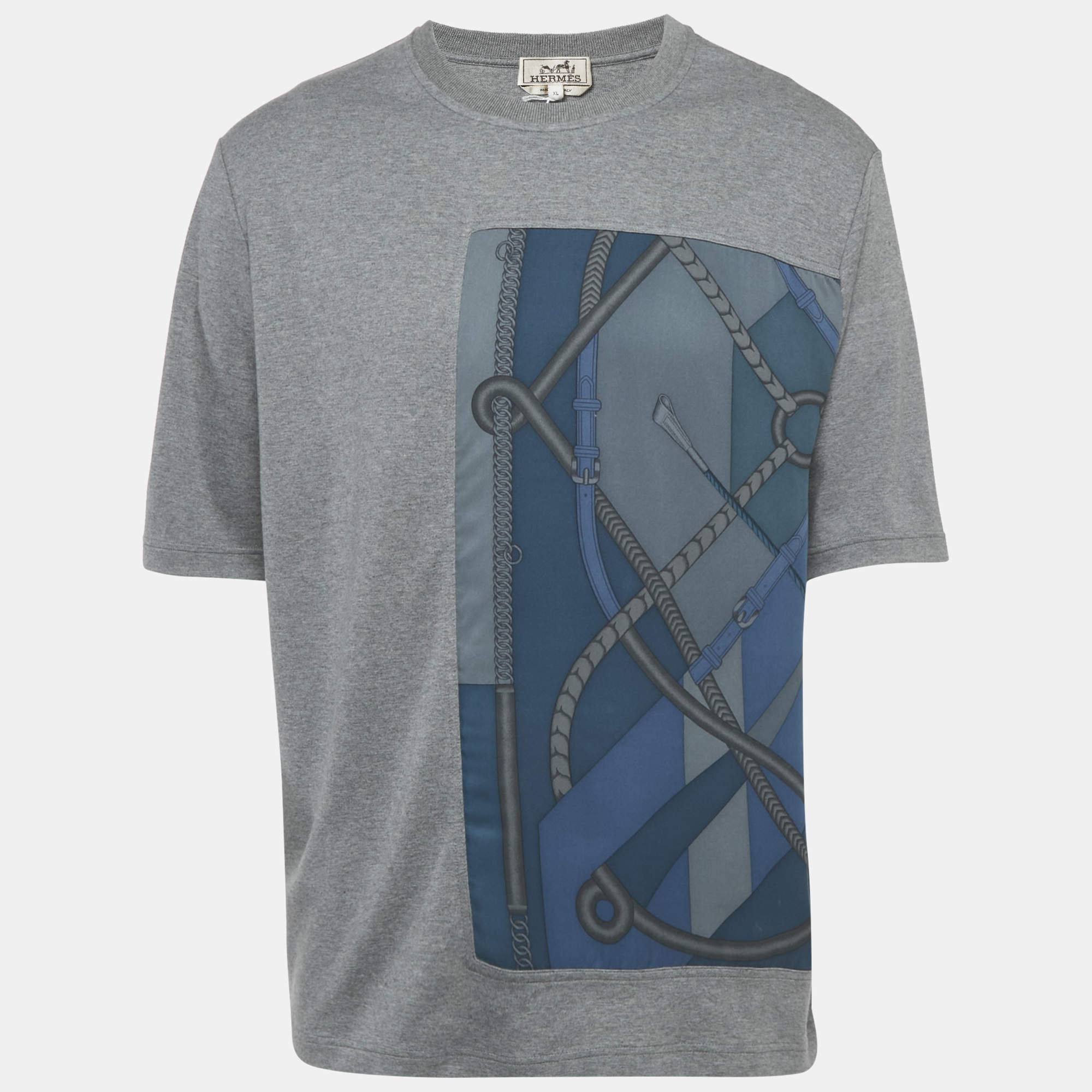 Pre Owned Hermès Grey Printed Silk and Jersey T-Shirt XL