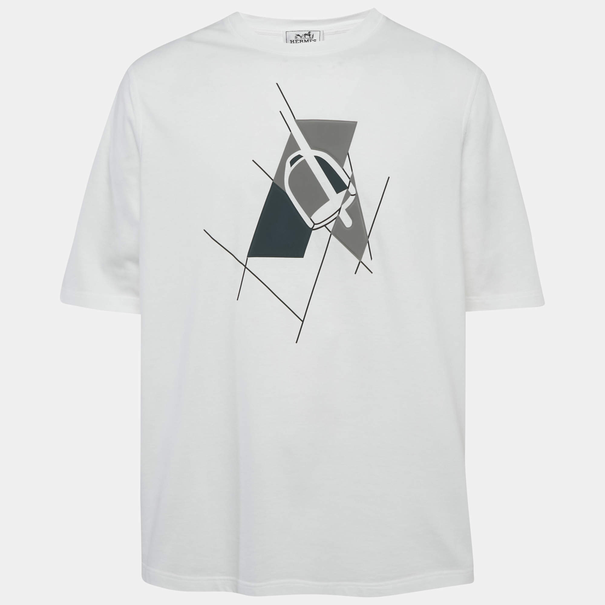 Pre Owned Hermes White Printed Jersey T-Shirt XL