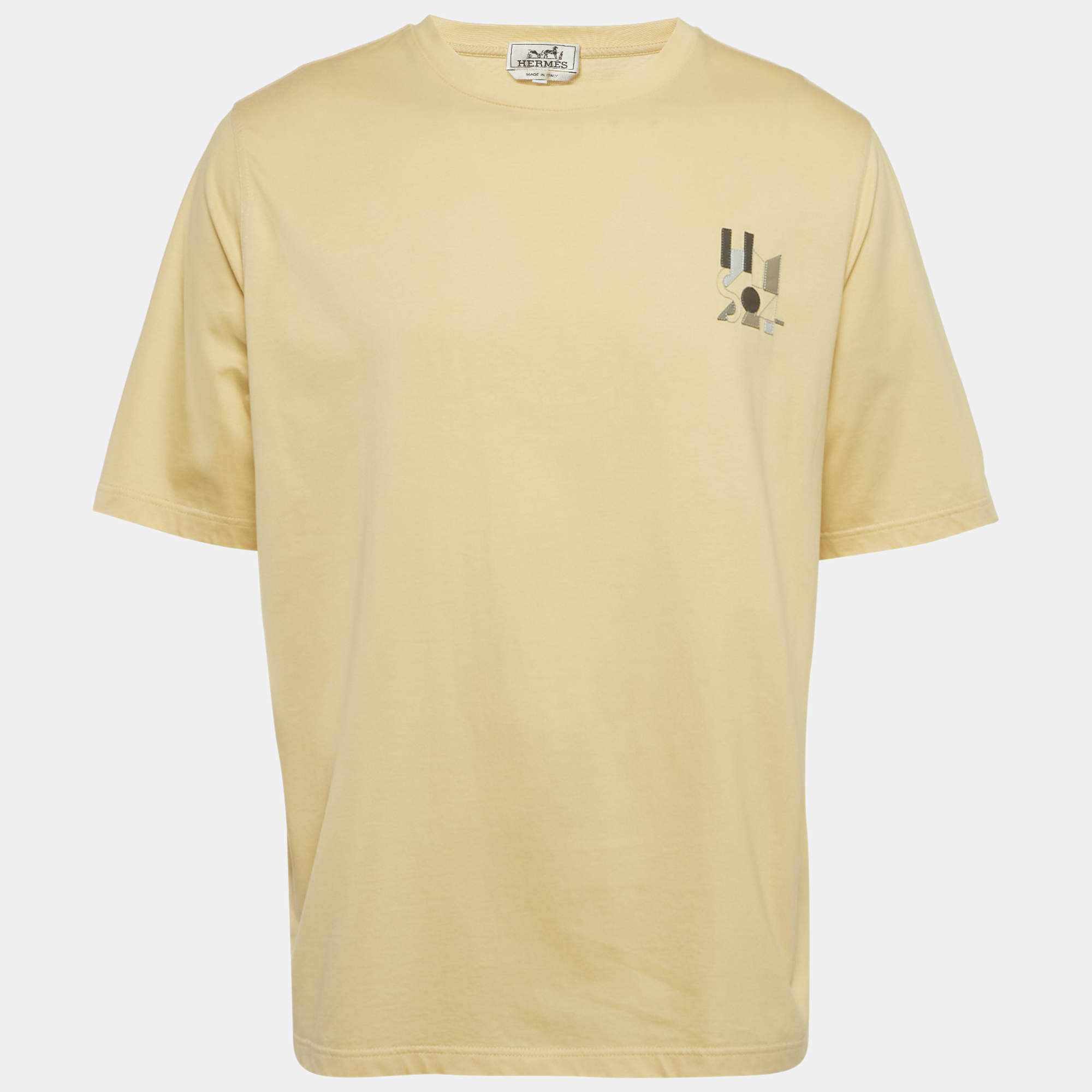 Pre Owned Hermès Yellow Leather Applique Jersey Crewneck T-Shirt XL