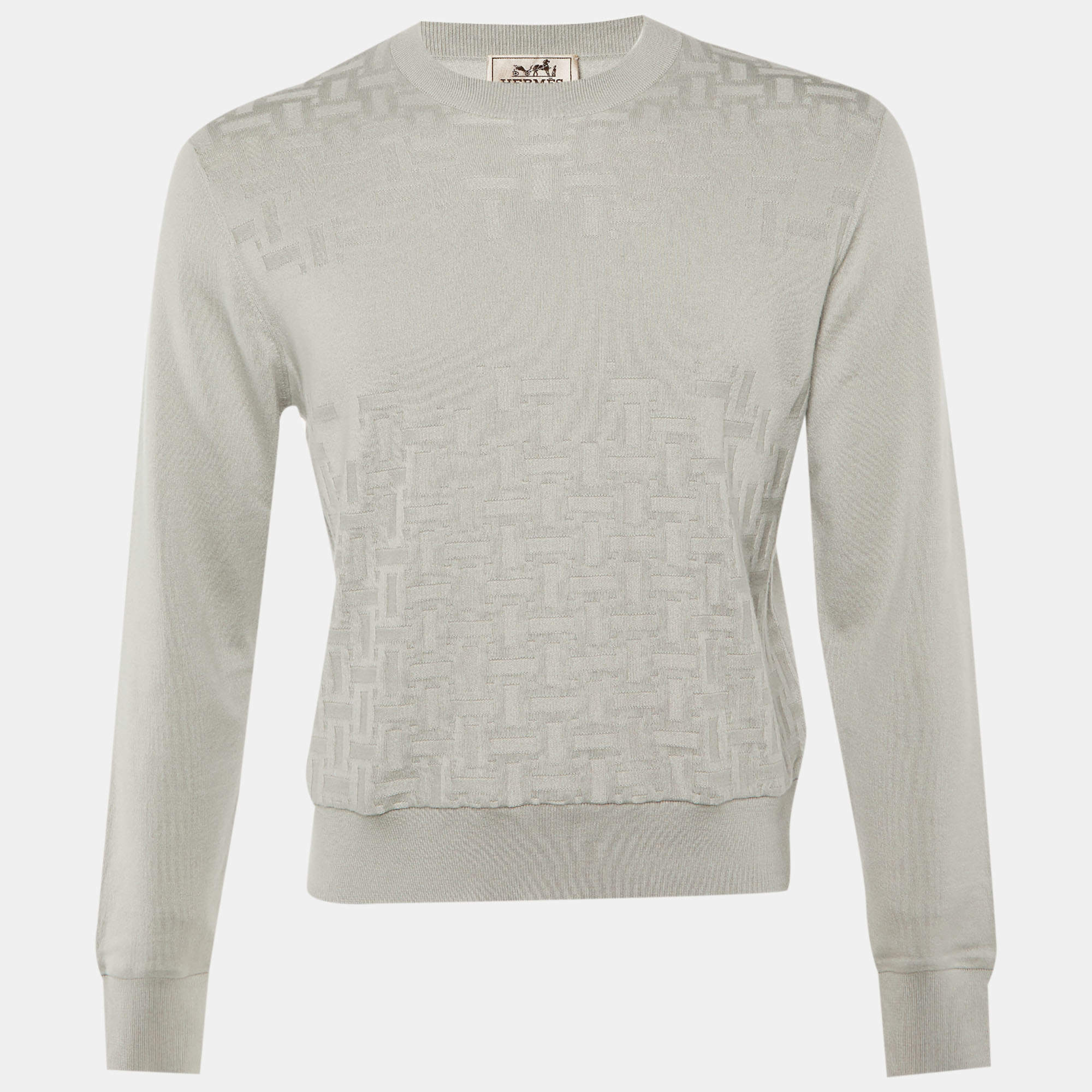 Pre Owned Hermes Grey H Pattern Cashmere Knit Crew Neck Sweater S