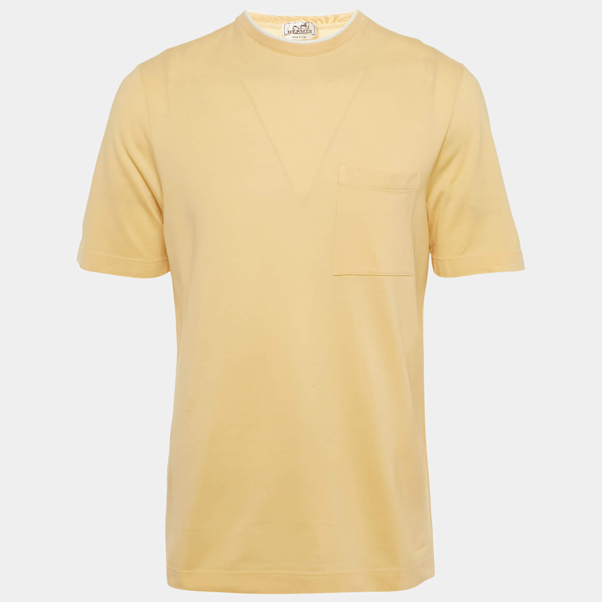Pre Owned تي شيرت هيرمس قطن مطرز بحرف H أصفر رقبة دائرية مقاس متوسط - ميديم
