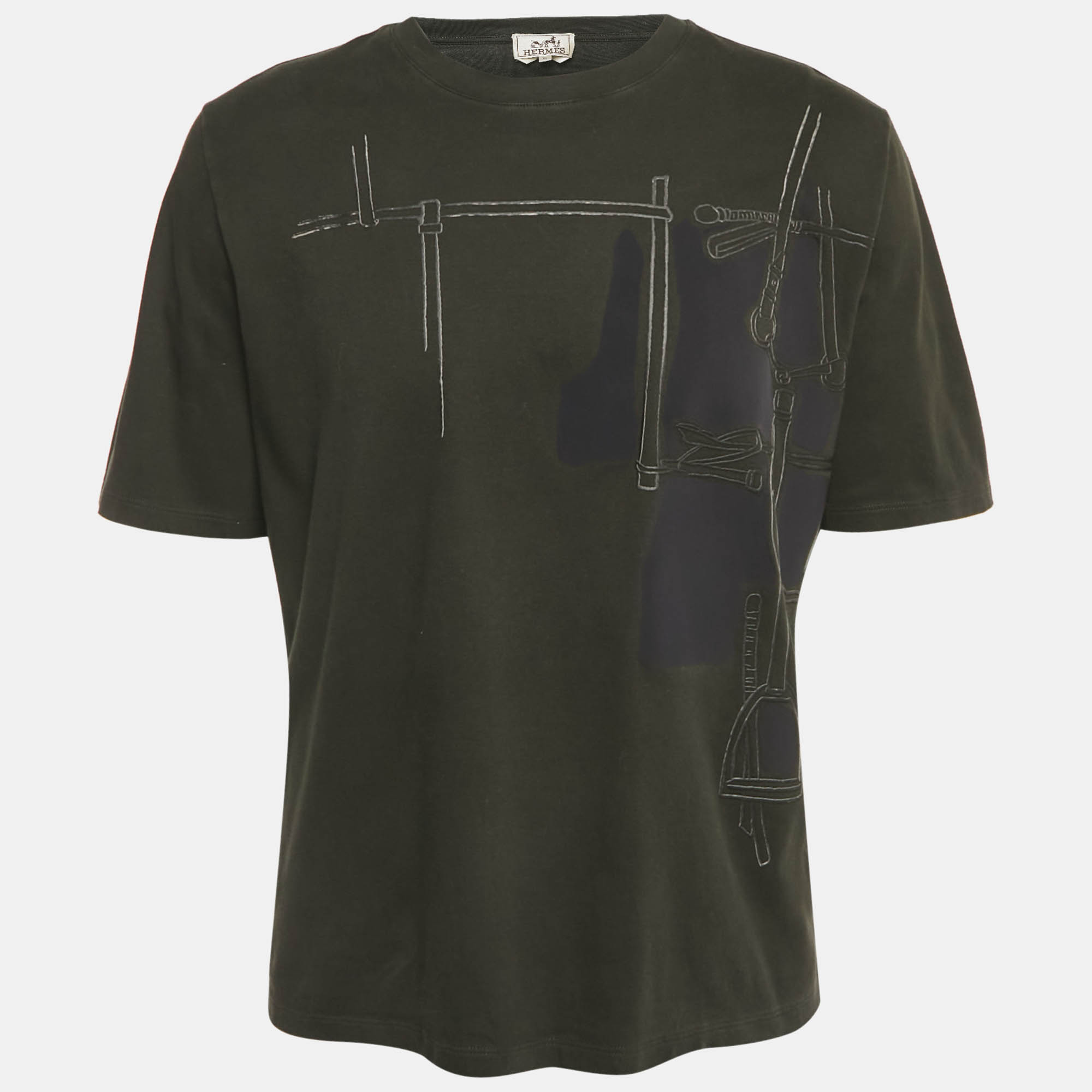 مملوكة مسبقًا تي شيرت هيرمس قطن محبوك مطبوع أسود مقاس كبير جدًا - إكسترا لارج